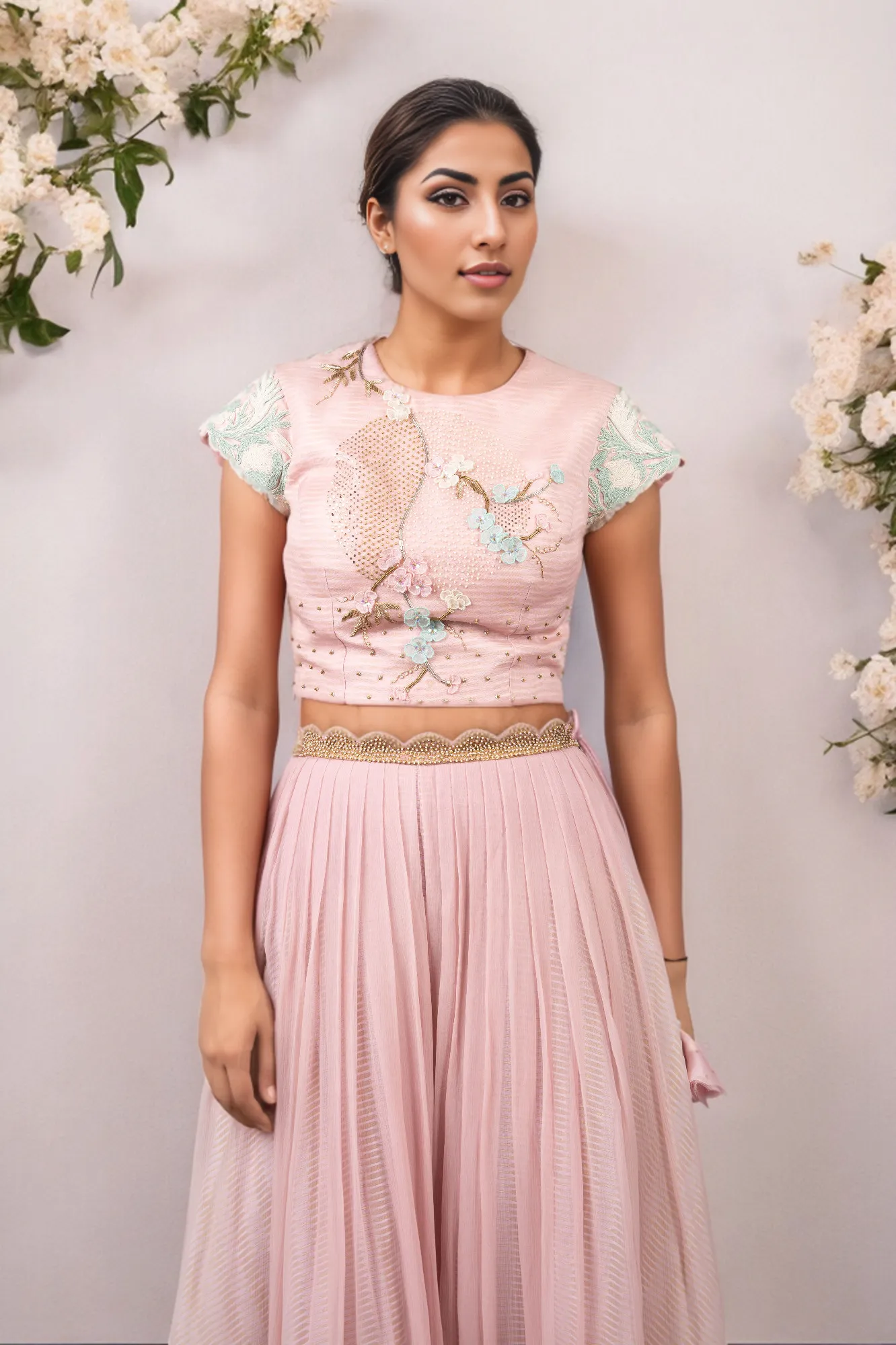 JAPANESE CIRCLE CROPTOP WITH NAKATIKKI BELT AND CHIFFON PALAZZO