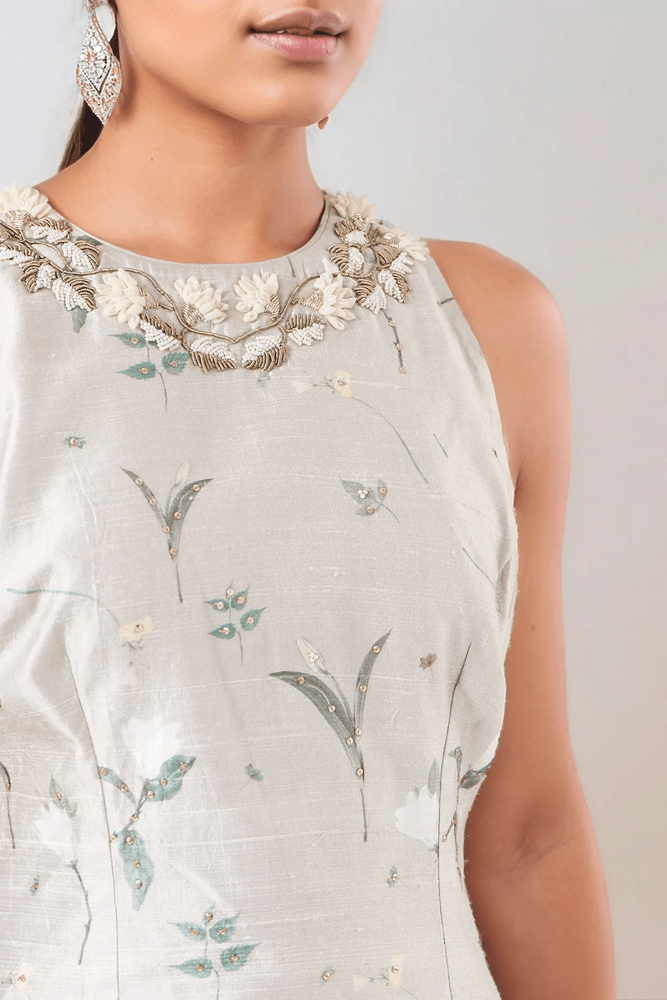 Mint Raw Silk Printed Kurta Set Yashodhara