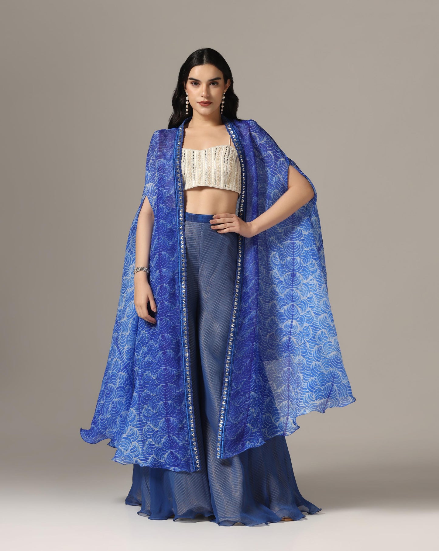 Blue Organza & Raw Silk Shibori Cape Set