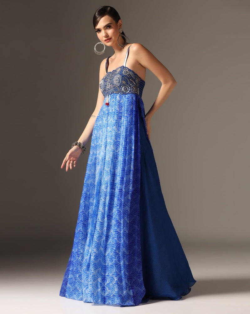 Blue Organza & Raw Silk Embroidered Anarkali Set Yashodhara