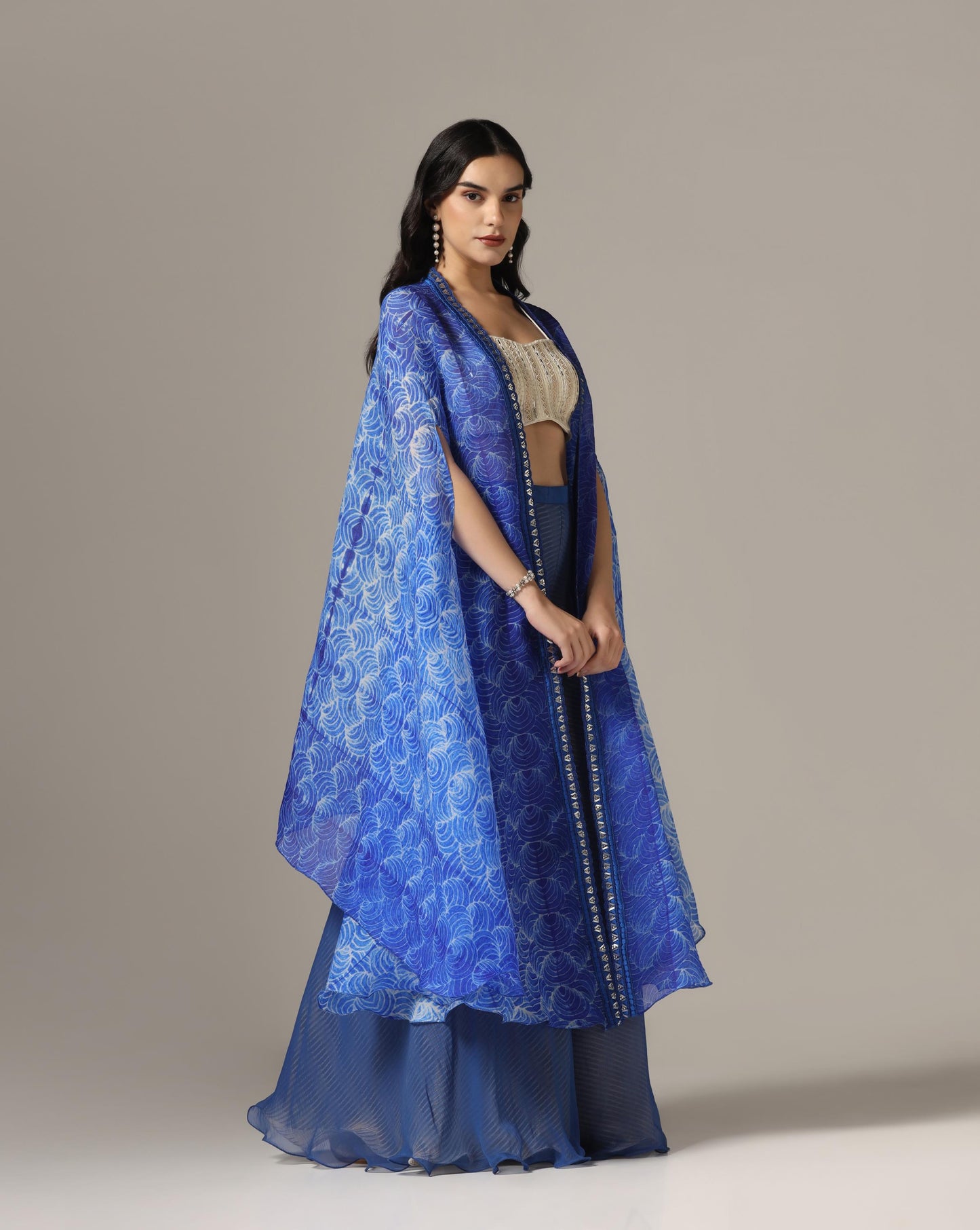 Blue Organza & Raw Silk Shibori Cape Set