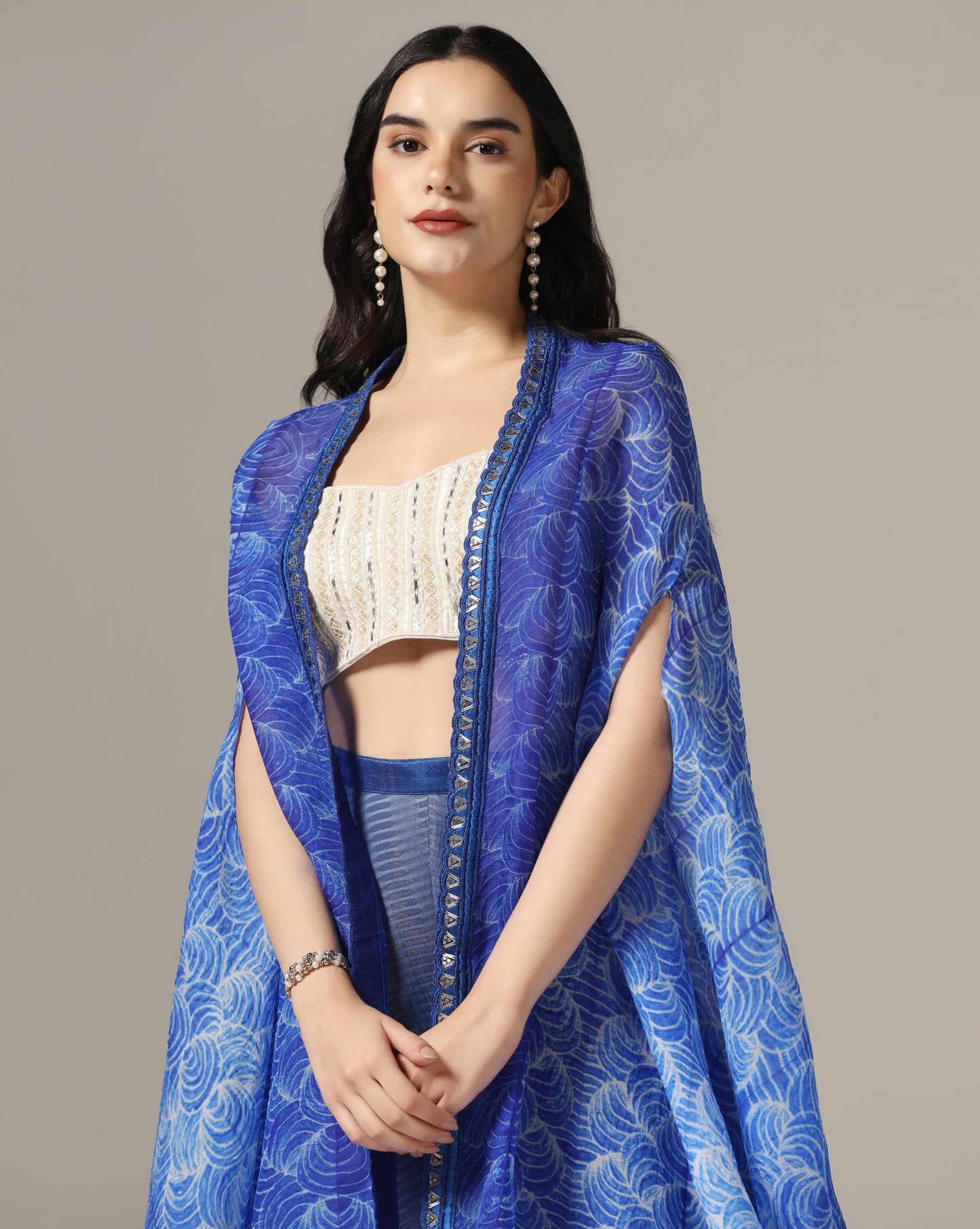 Blue Organza & Raw Silk Shibori Cape Set