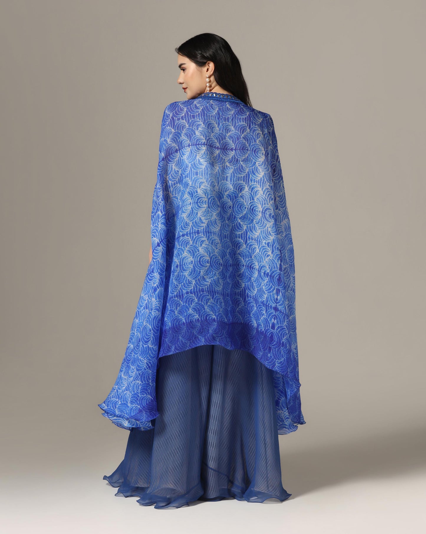 Blue Organza & Raw Silk Shibori Cape Set