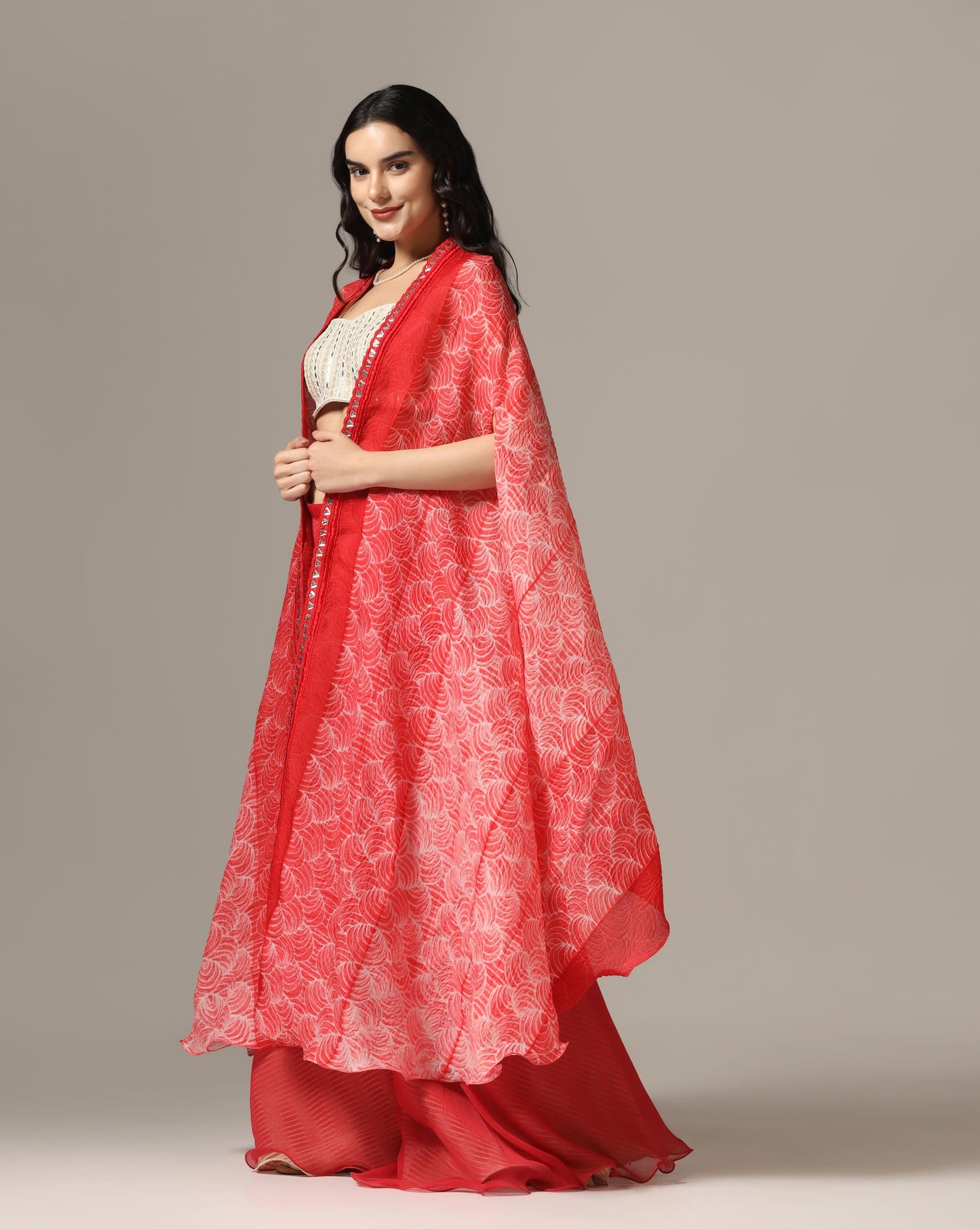Red Organza Embroidered Cape Set