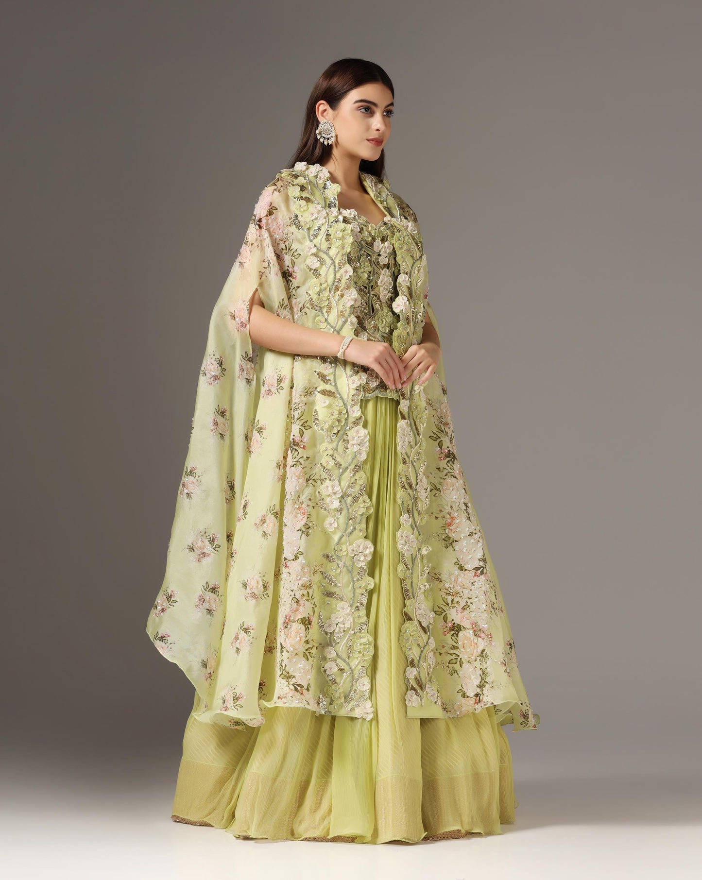 Jade Organza & Chiffon Embroidered Jacket Lehenga Set