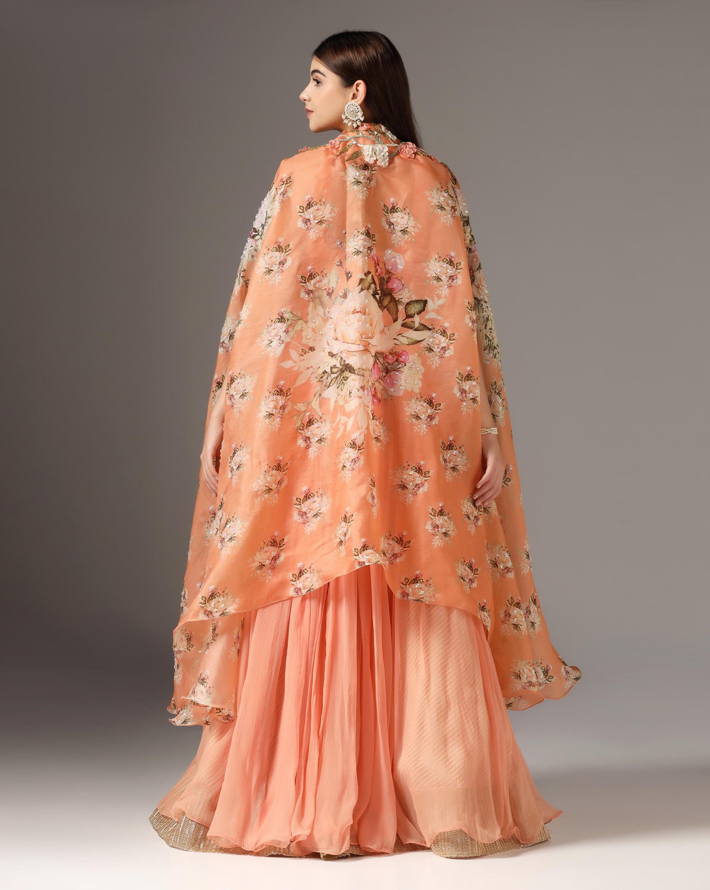 Brick Organza & Chiffon Embroidered Jacket Lehenga Set