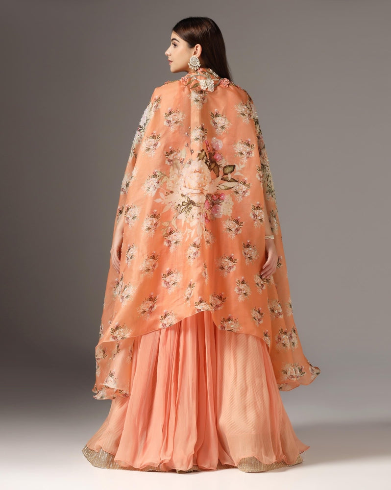 Brick Organza & Chiffon Embroidered Jacket Lehenga Set Yashodhara