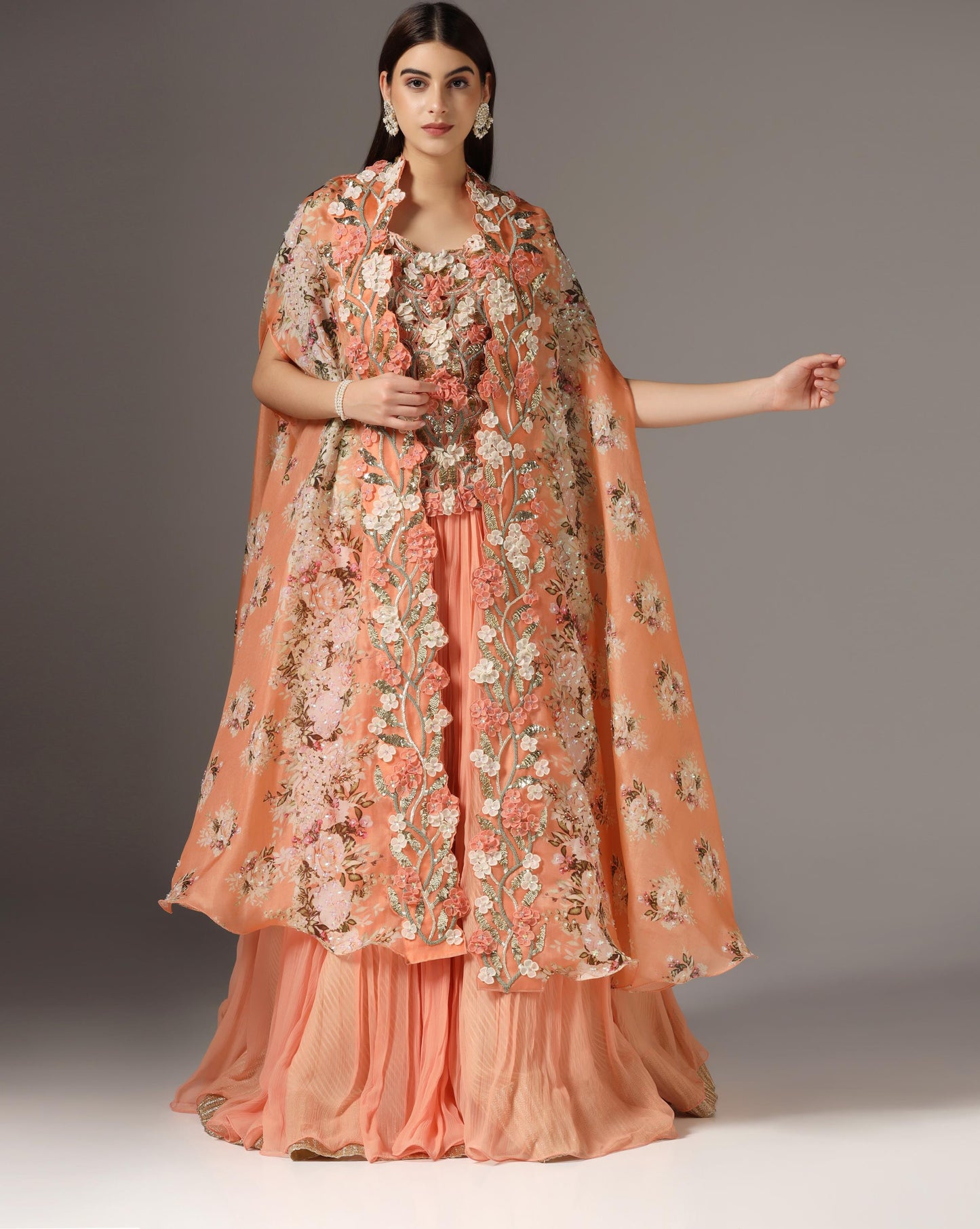 Brick Organza & Chiffon Embroidered Jacket Lehenga Set