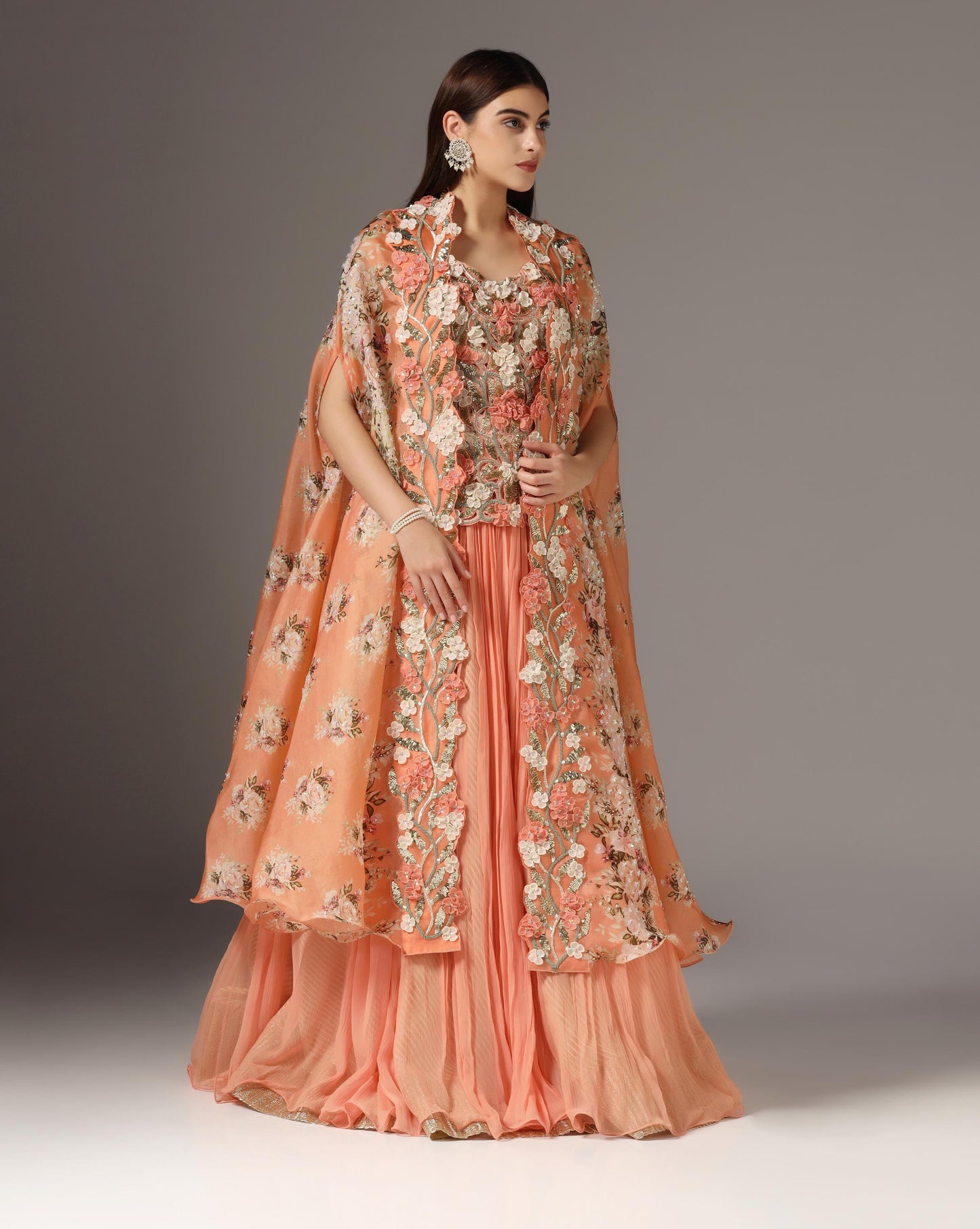 Brick Organza & Chiffon Embroidered Jacket Lehenga Set