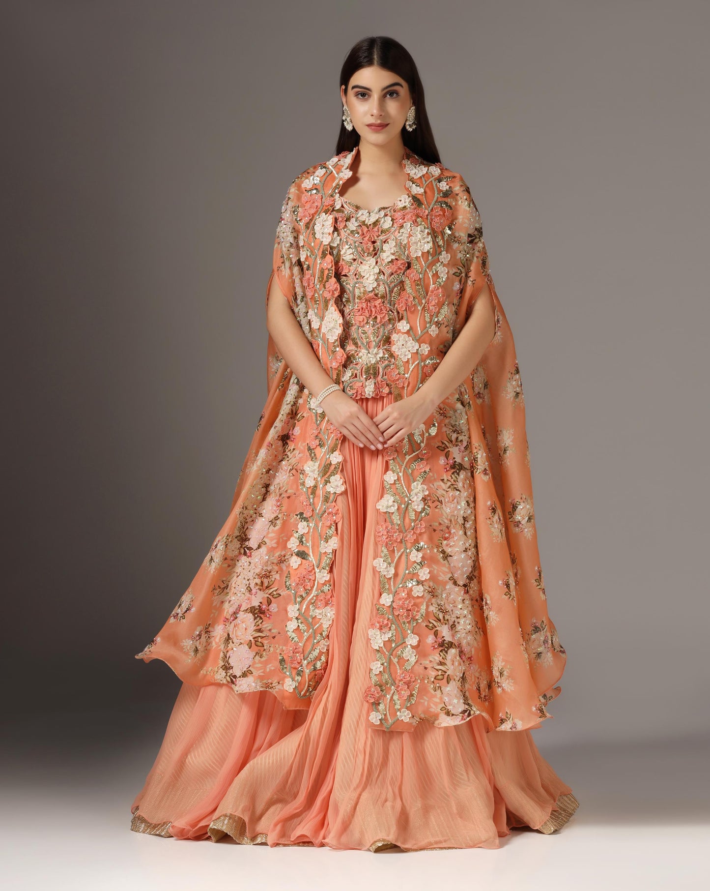 Brick Organza & Chiffon Embroidered Jacket Lehenga Set