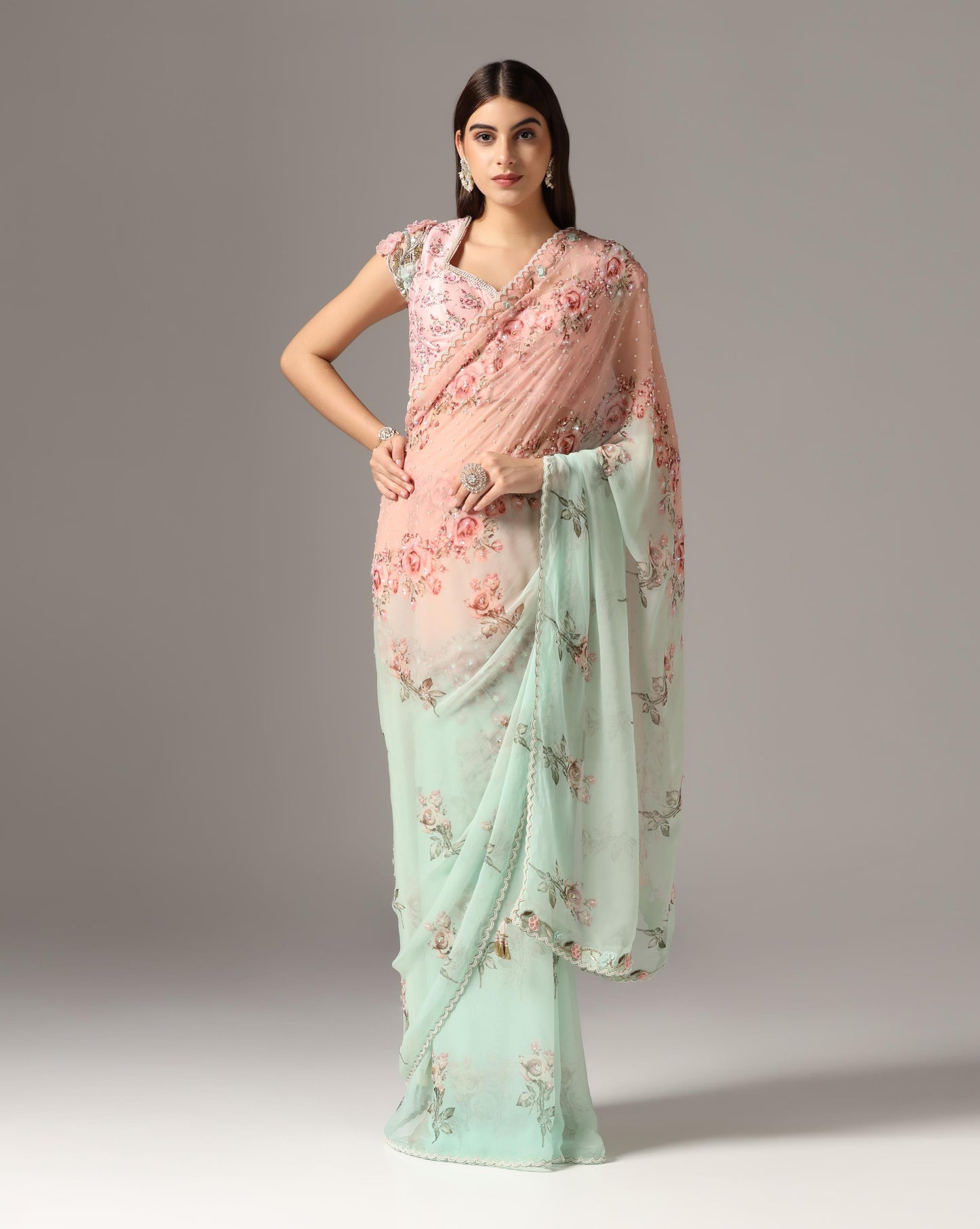 Aqua & Pink Chiffon Printed Saree Set