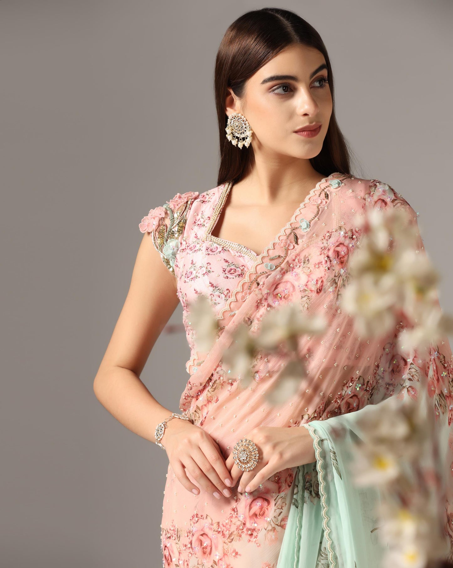 Aqua & Pink Chiffon Printed Saree Set