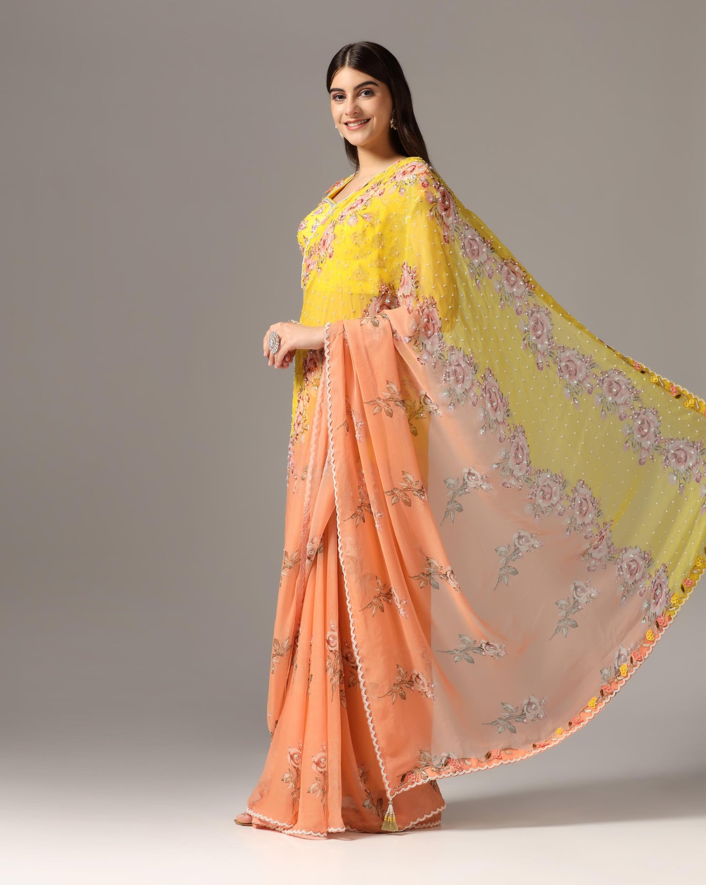 Yellow Chiffon Printed Saree Set