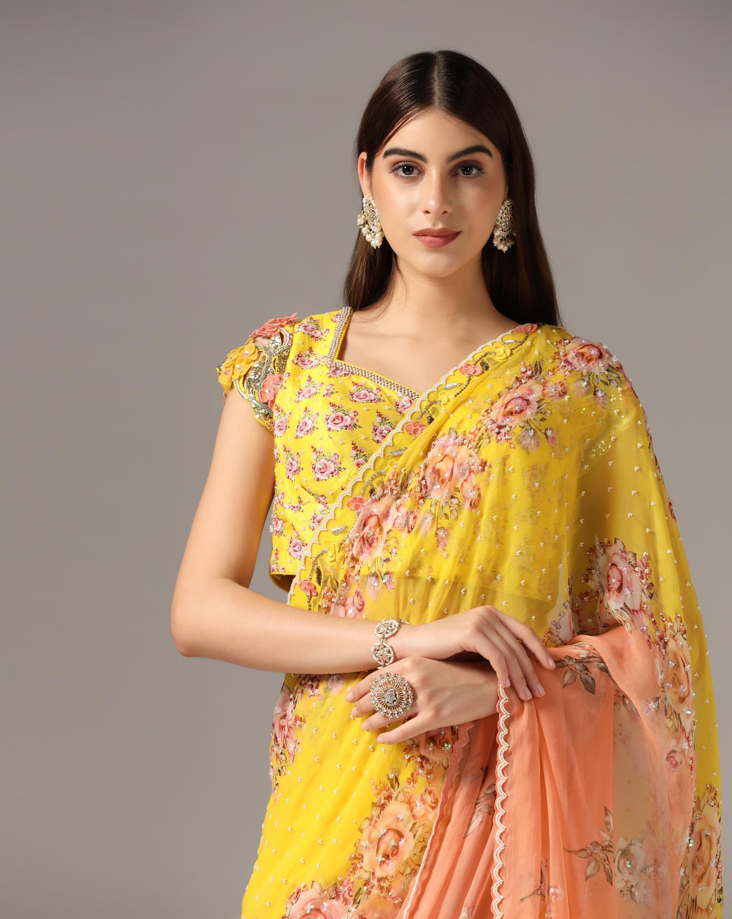 Yellow Chiffon Printed Saree Set