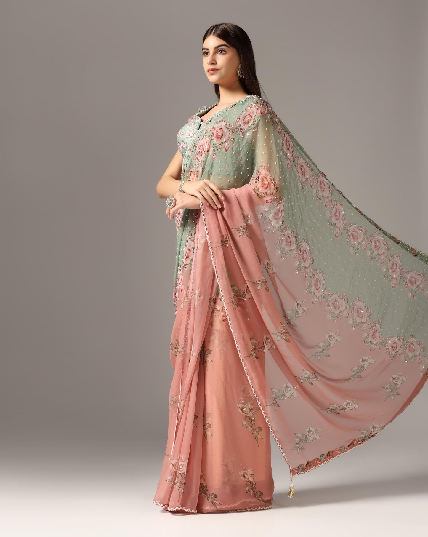 Antique Pink & Teal Green Chiffon Printed Saree Set