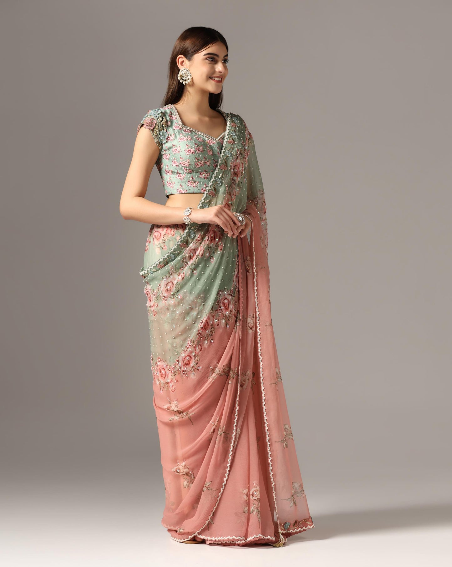 Antique Pink & Teal Green Chiffon Printed Saree Set
