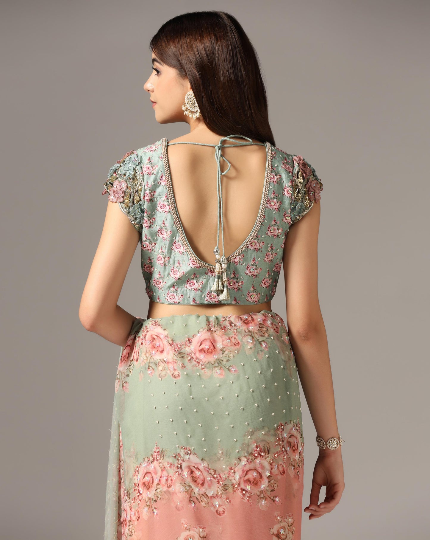 Antique Pink & Teal Green Chiffon Printed Saree Set