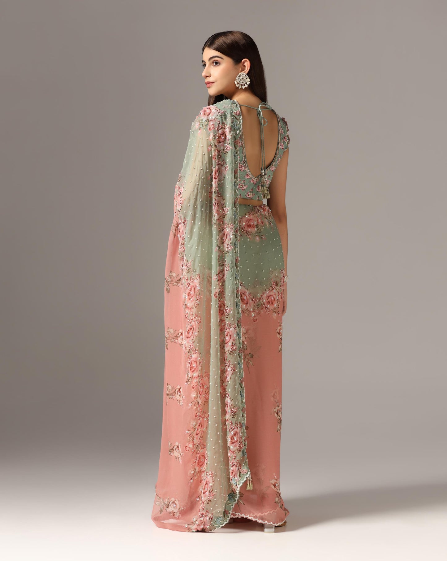 Antique Pink & Teal Green Chiffon Printed Saree Set