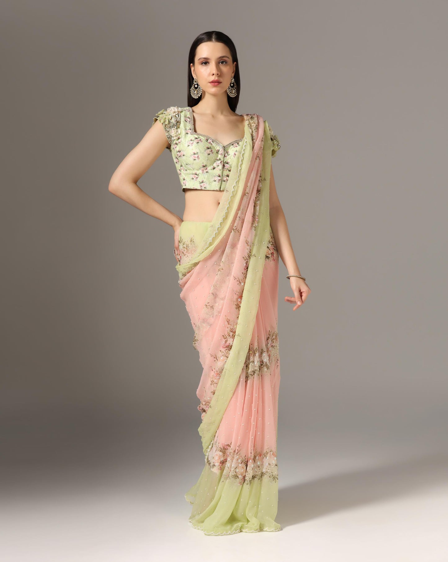 Green Chiffon Printed Saree Set