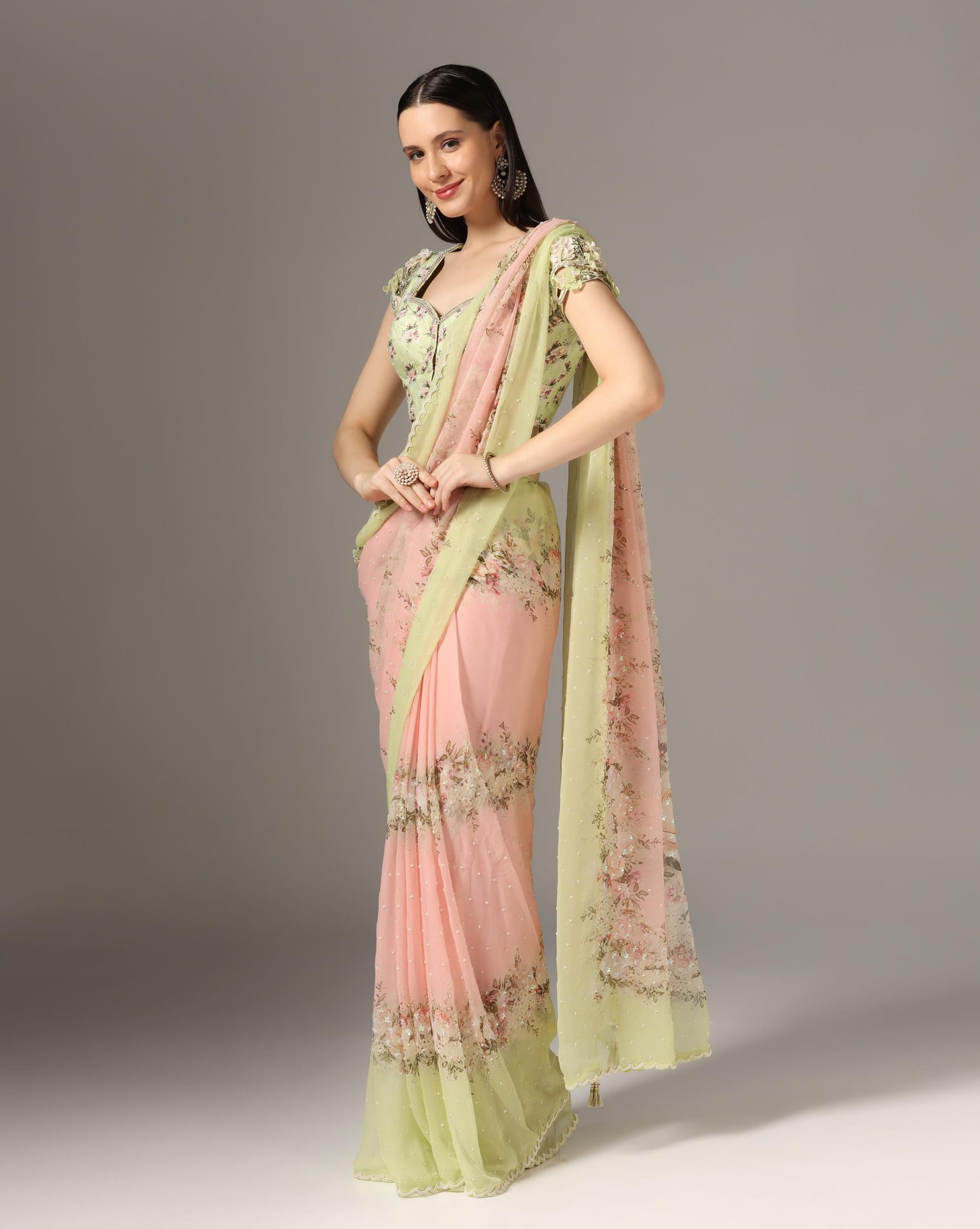 Green Chiffon Printed Saree Set