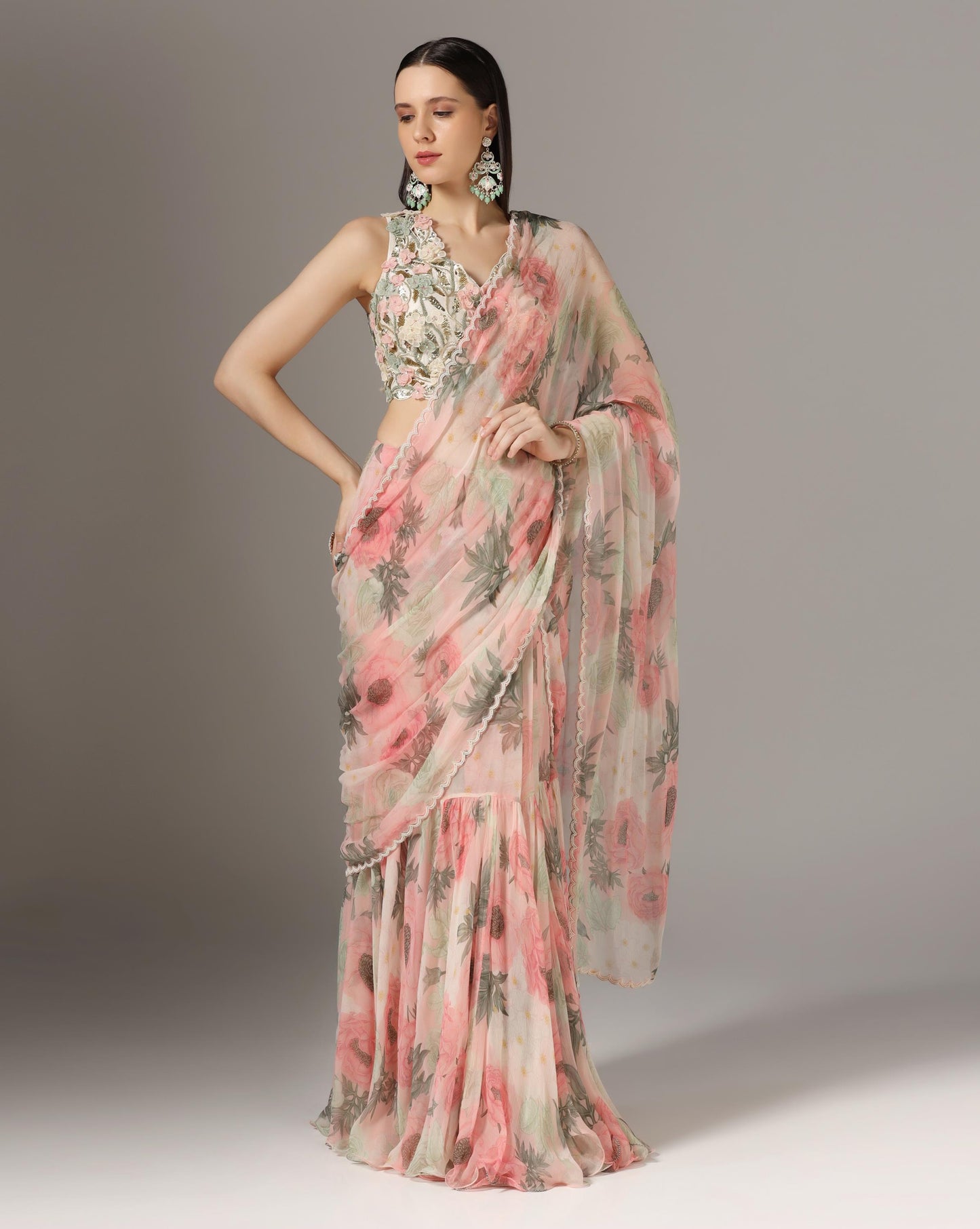 Pink Chiffon Printed Pre-Stitched Frilled Saree Set