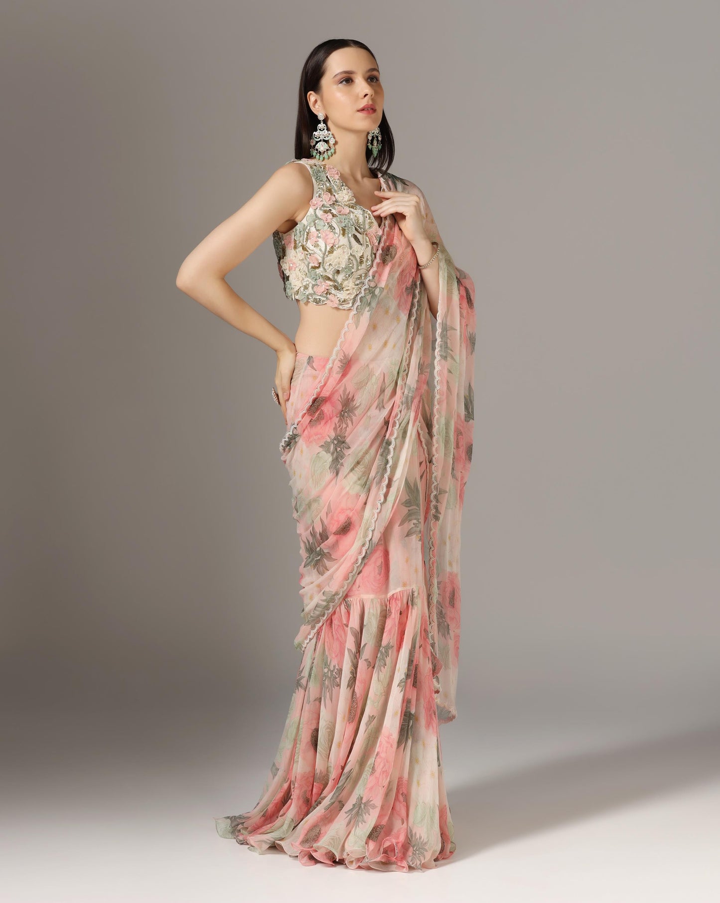 Pink Chiffon Printed Pre-Stitched Frilled Saree Set