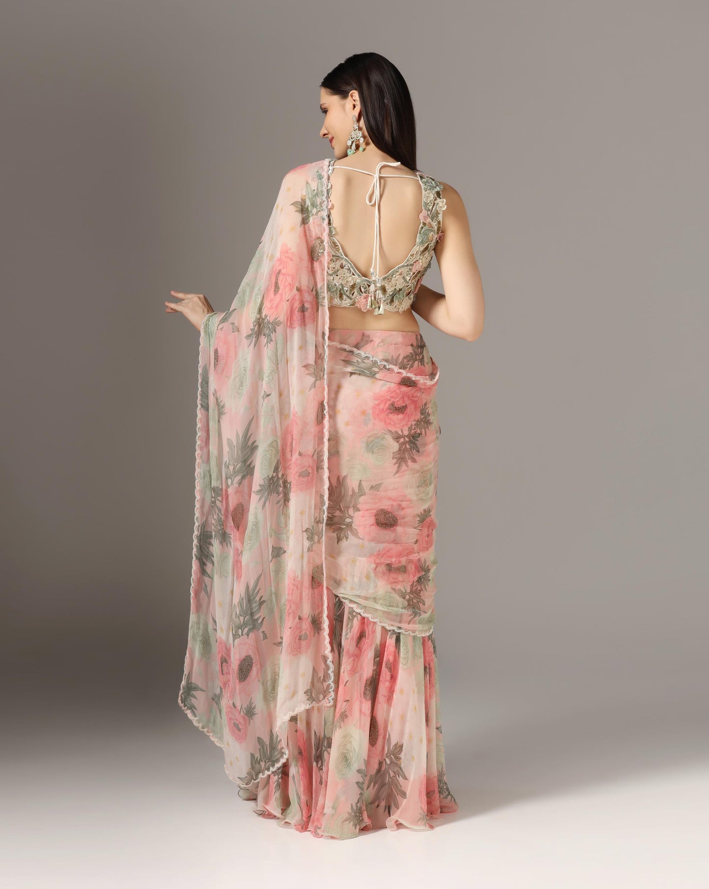Pink Chiffon Printed Pre-Stitched Frilled Saree Set