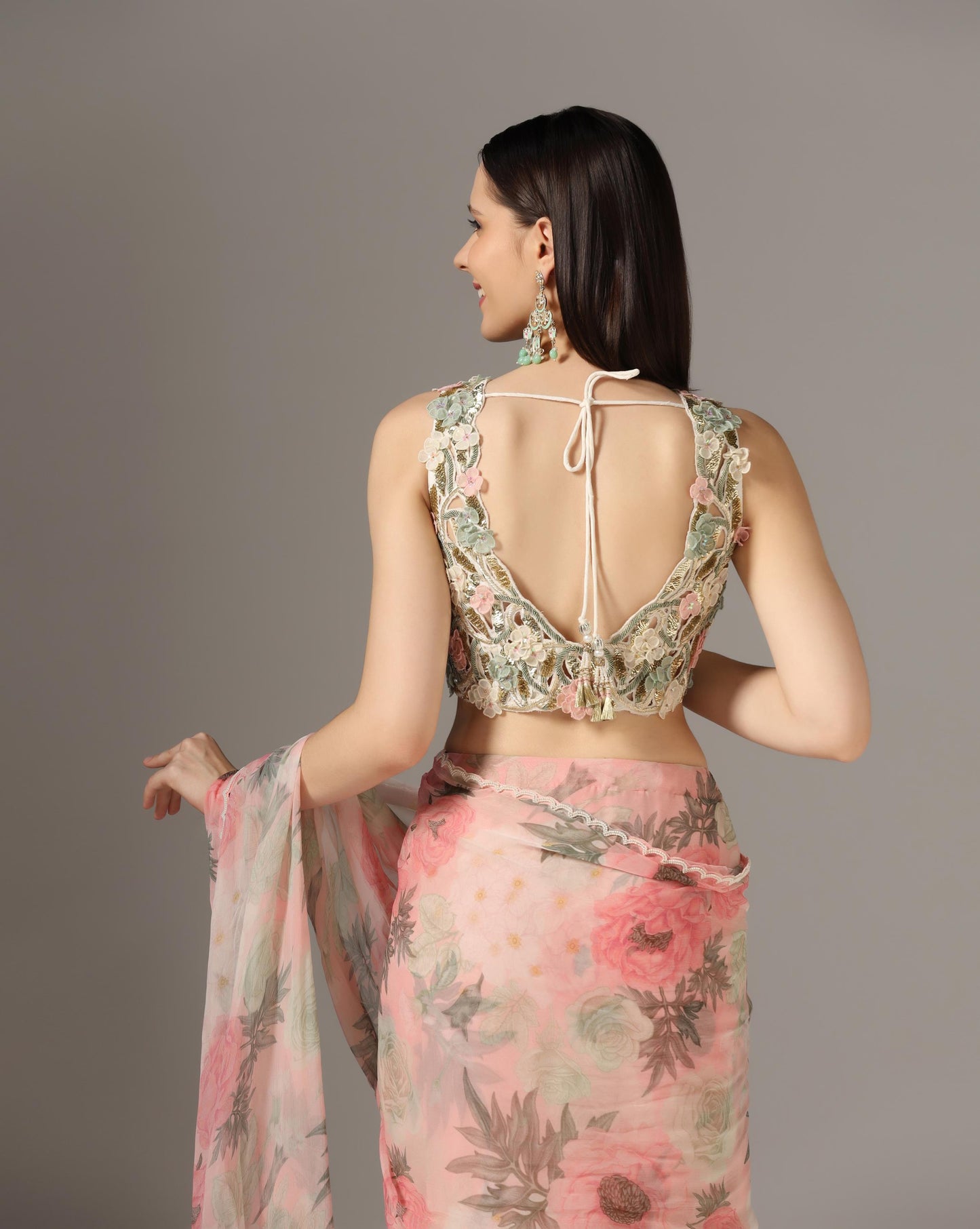 Pink Chiffon Printed Pre-Stitched Frilled Saree Set