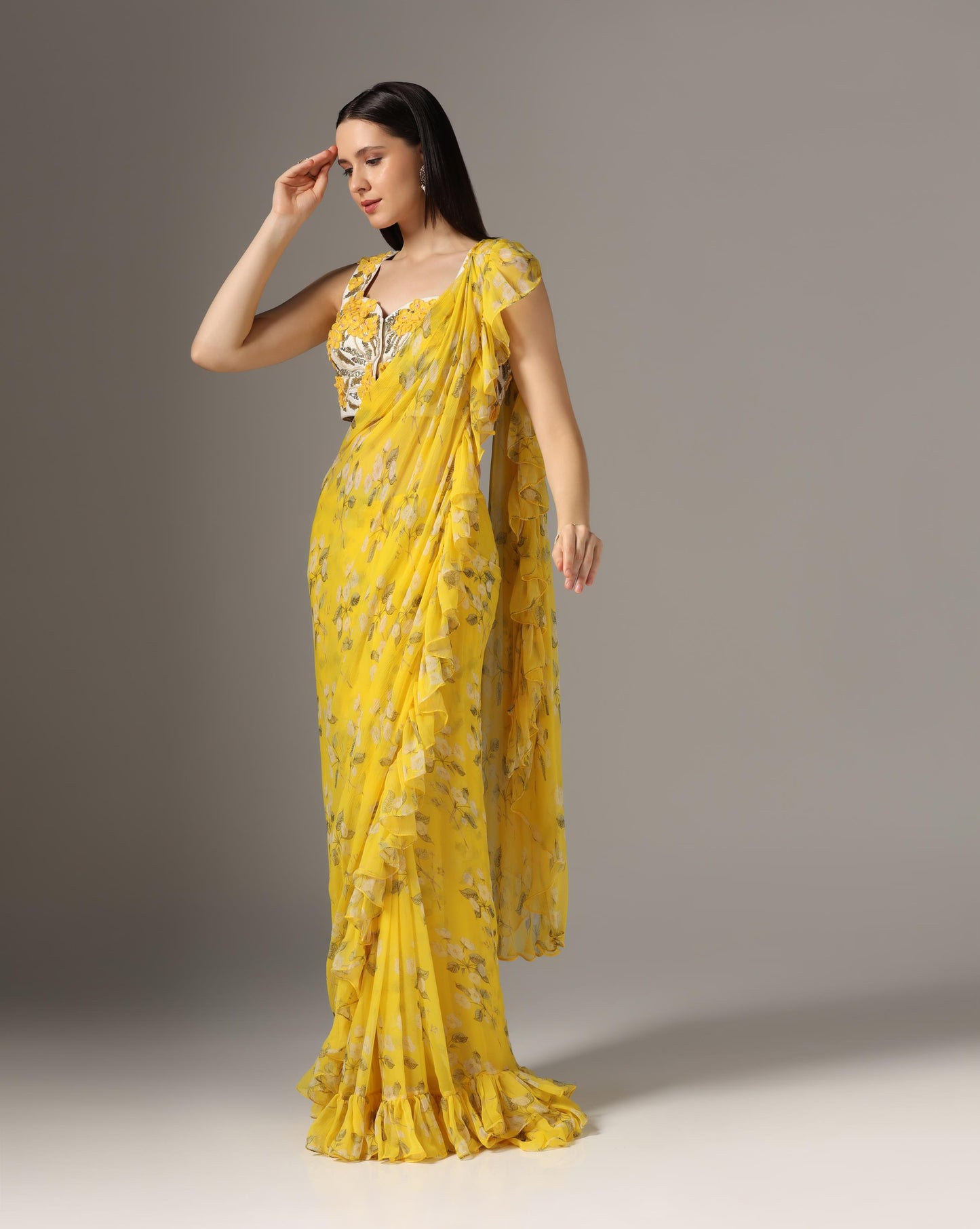 Yellow Chiffon Printed Pre-Stitched Frilled Saree Set