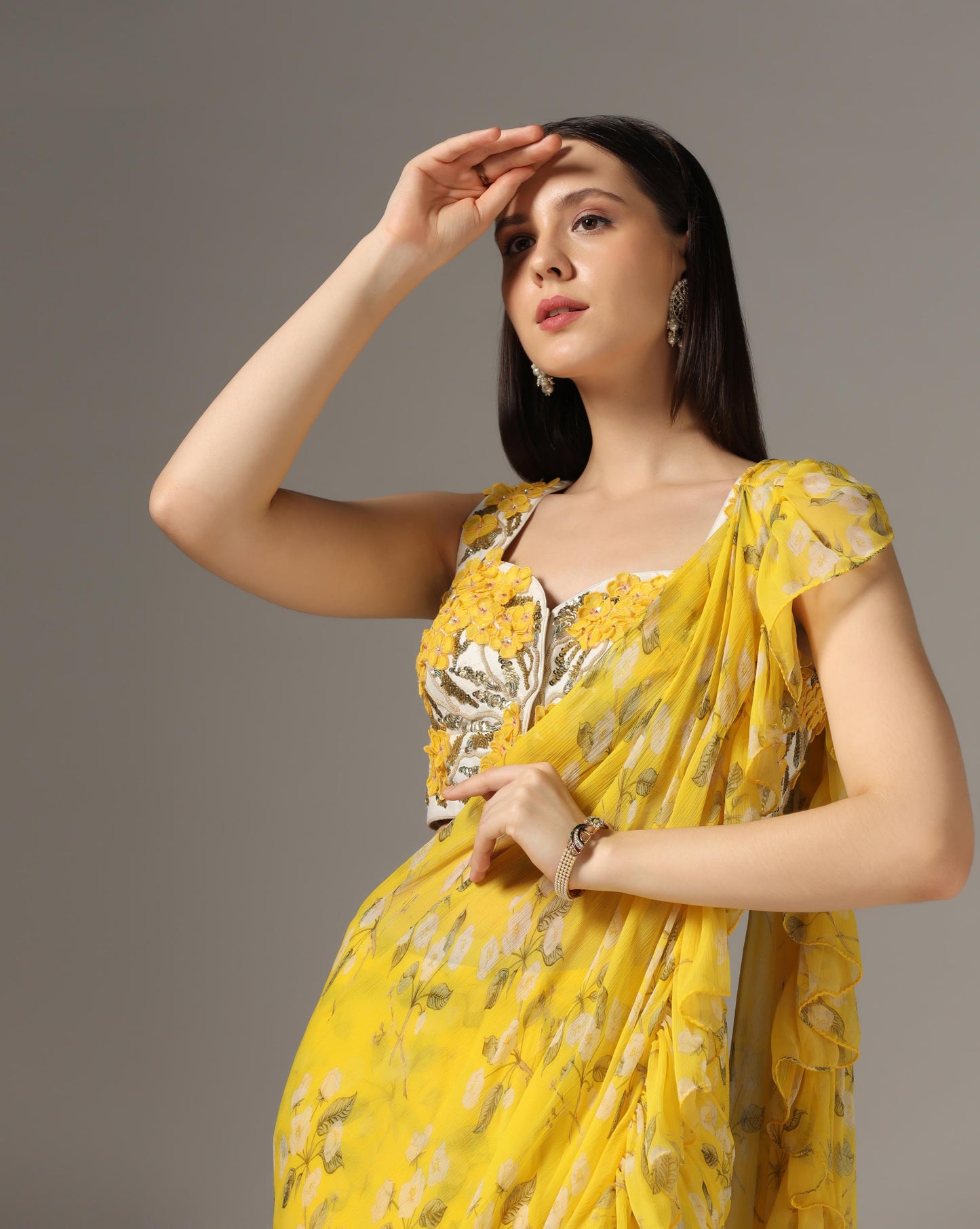 Yellow Chiffon Printed Pre-Stitched Frilled Saree Set