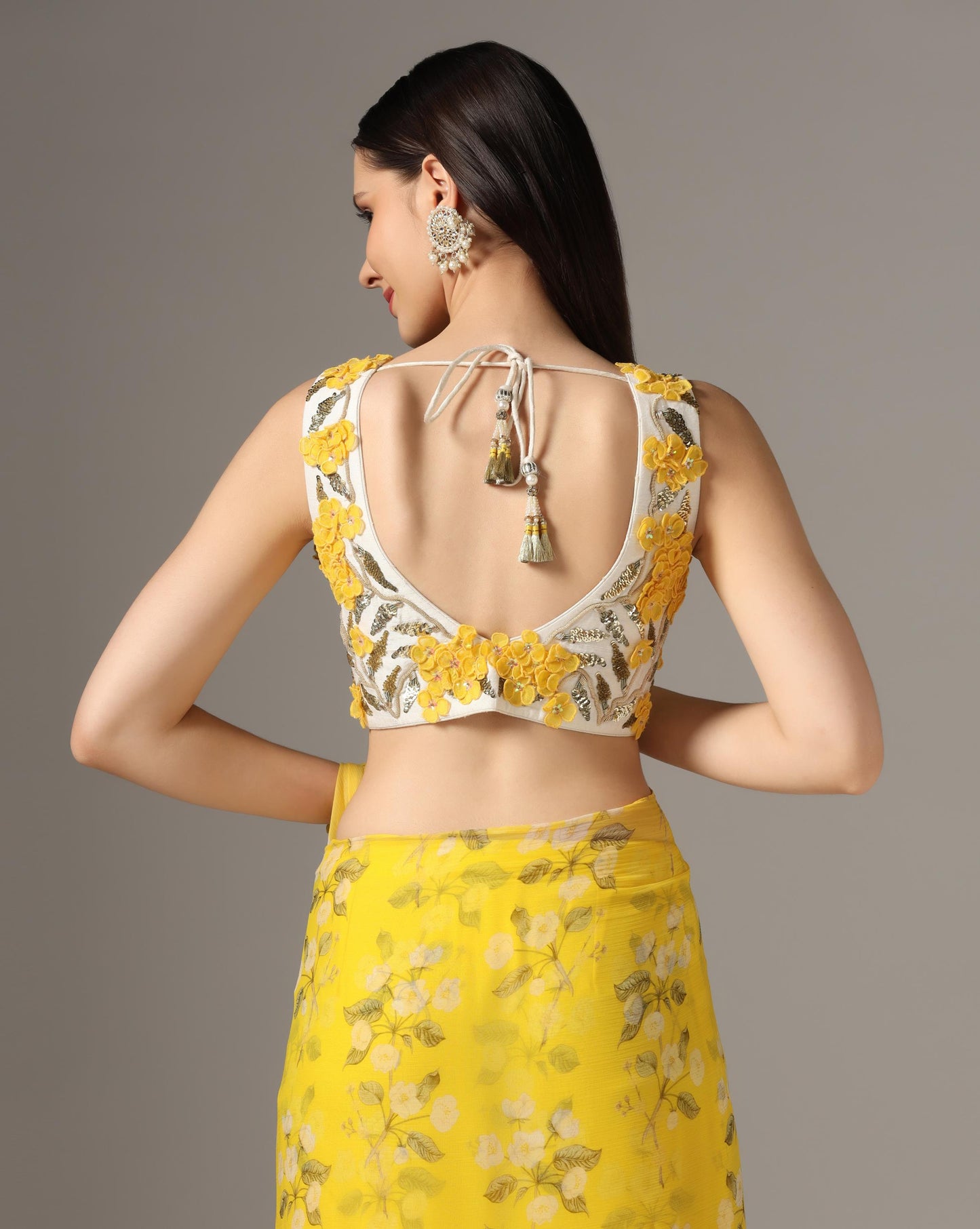 Yellow Chiffon Printed Pre-Stitched Frilled Saree Set