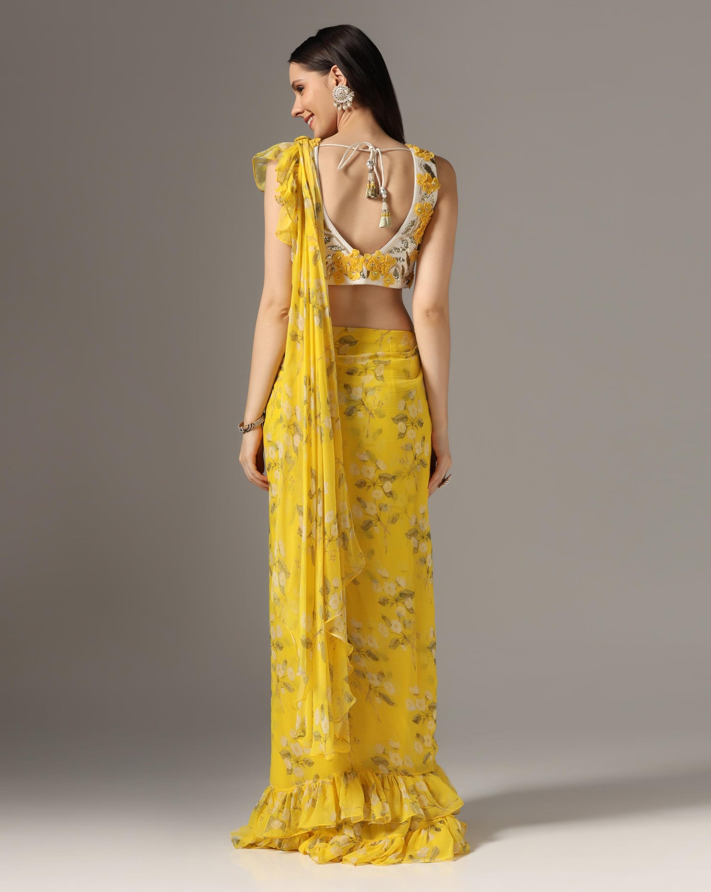 Yellow Chiffon Printed Pre-Stitched Frilled Saree Set