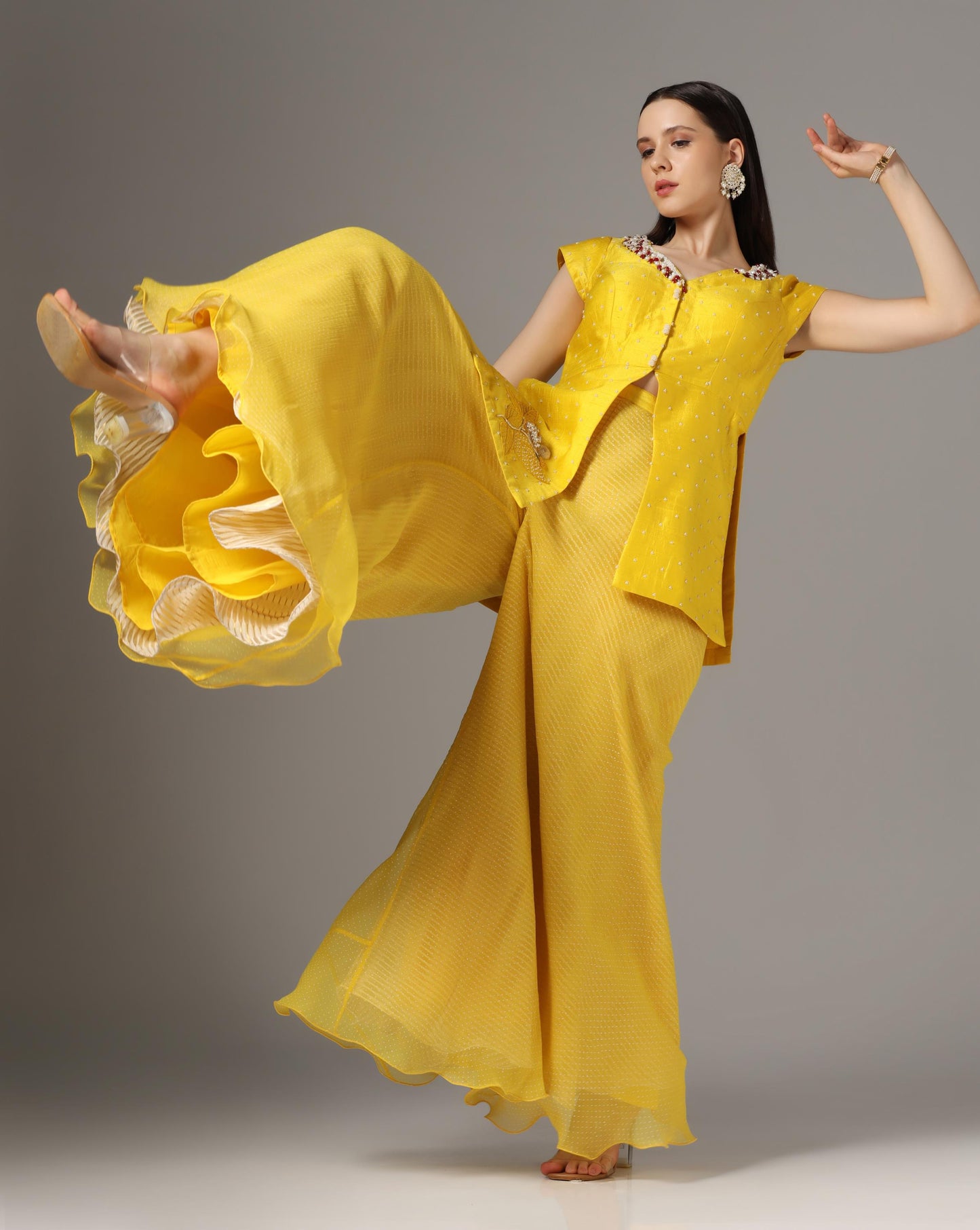 Yellow Raw Silk & Chiffon Stone Embroidered Jacket Set