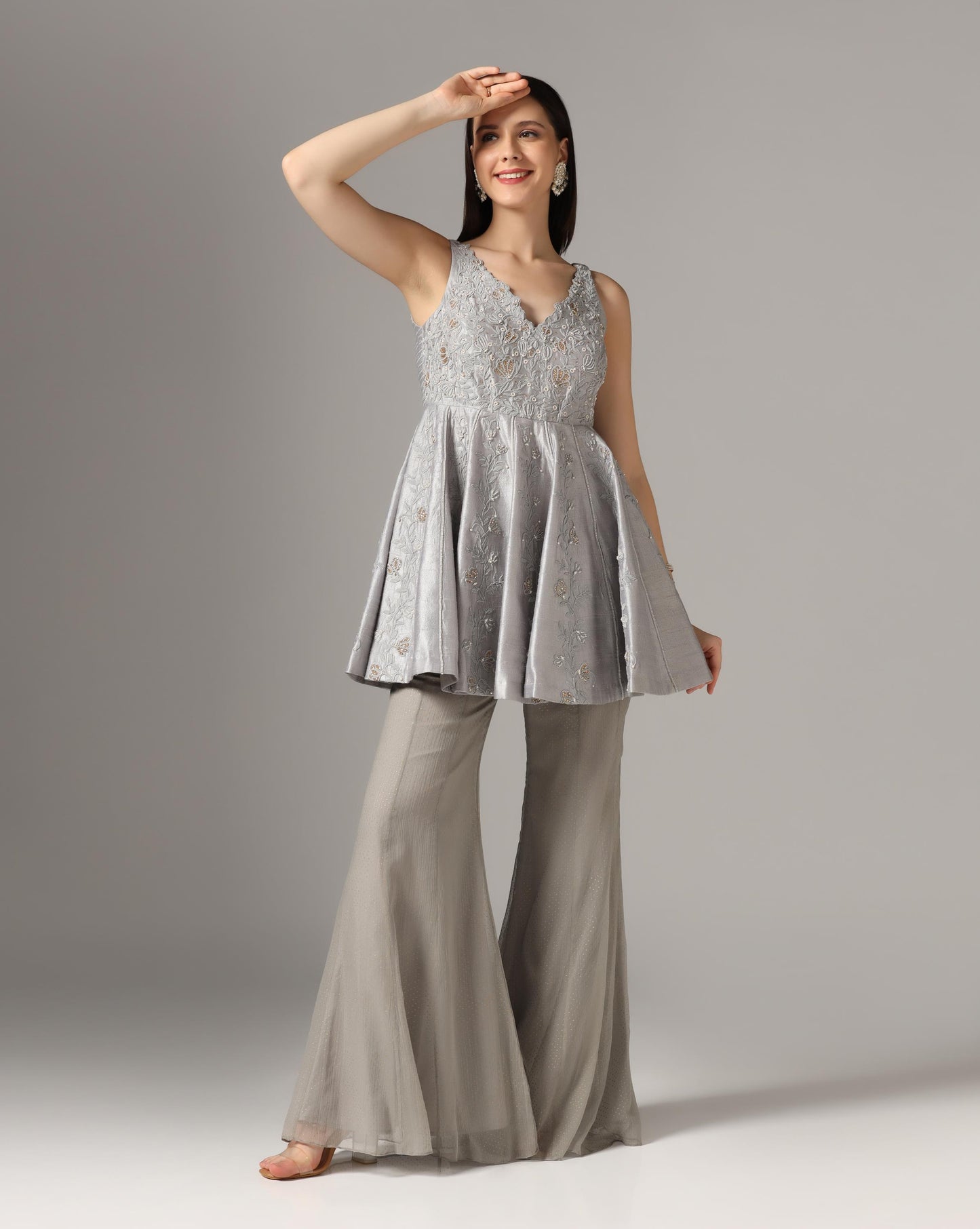 Grey Short Kurti With Kali Palazzo Set