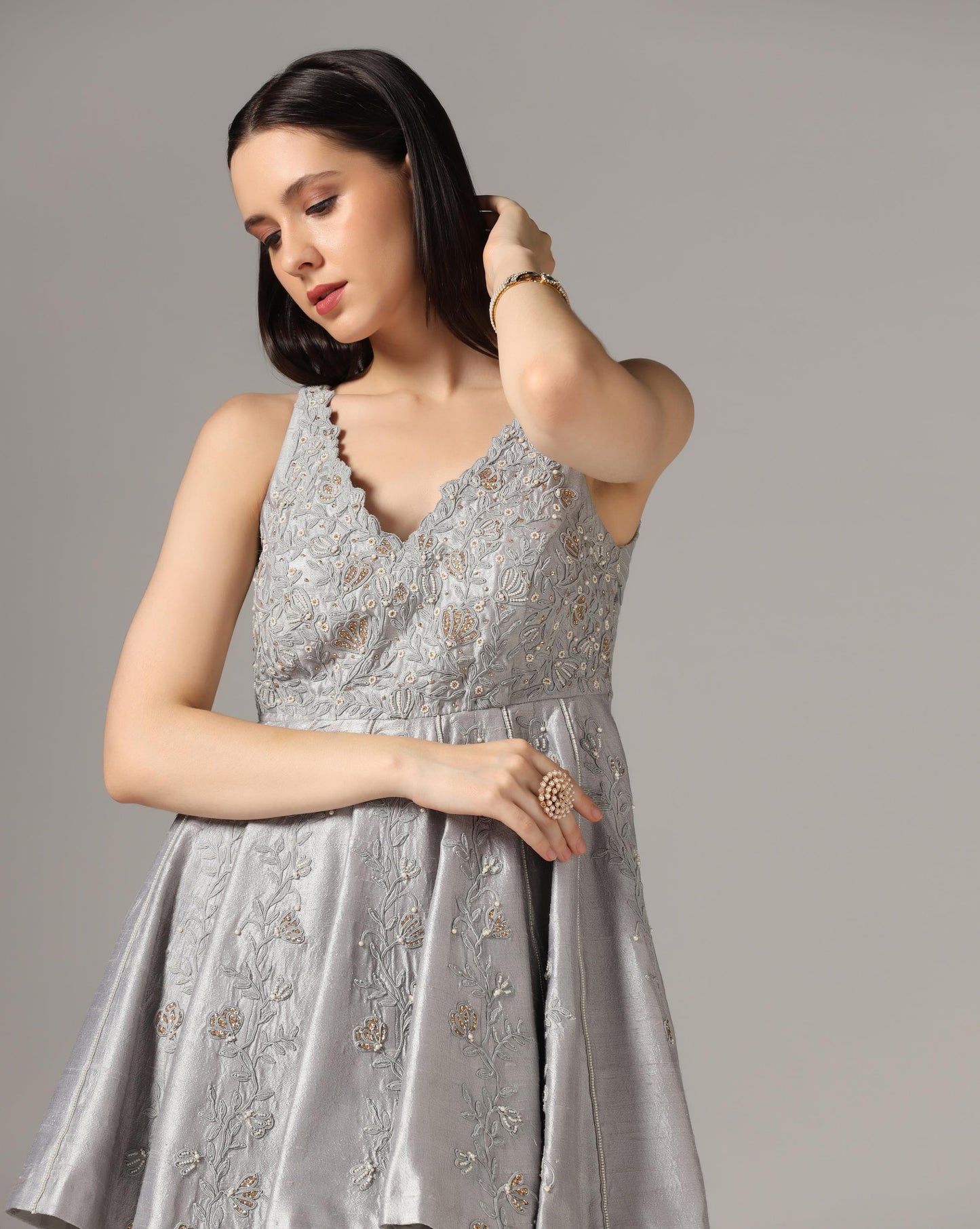 Grey Short Kurti With Kali Palazzo Set