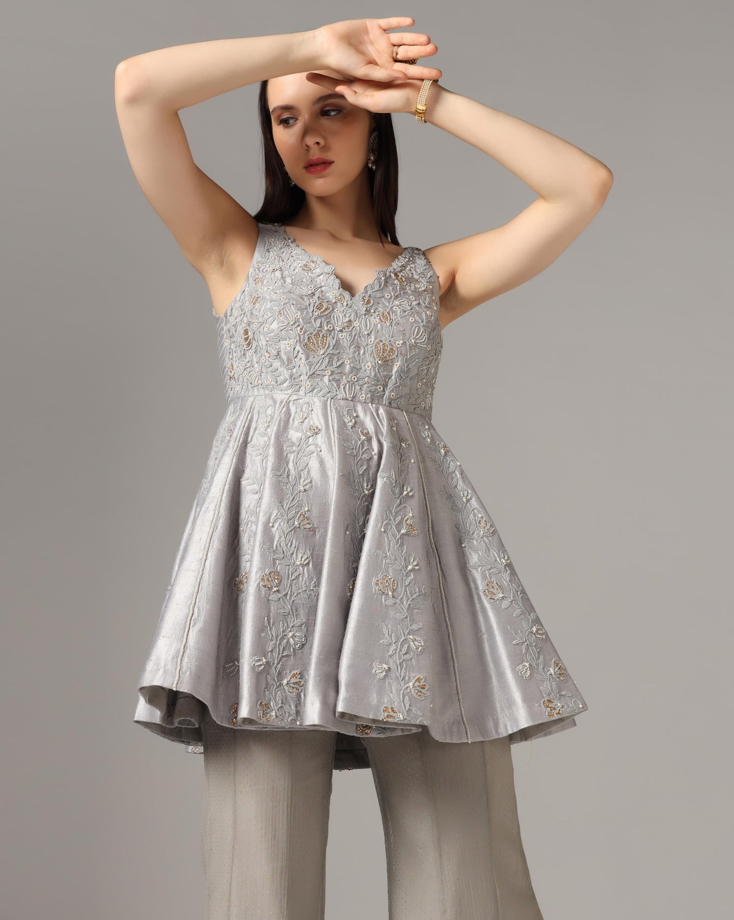 Grey Short Kurti With Kali Palazzo Set