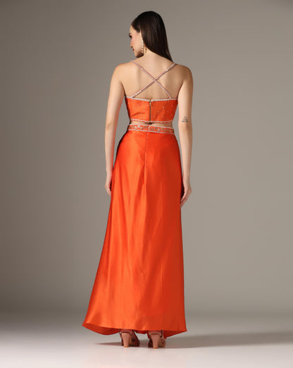Orange Chamoise Satin & Raw Silk Draped Skirt Set