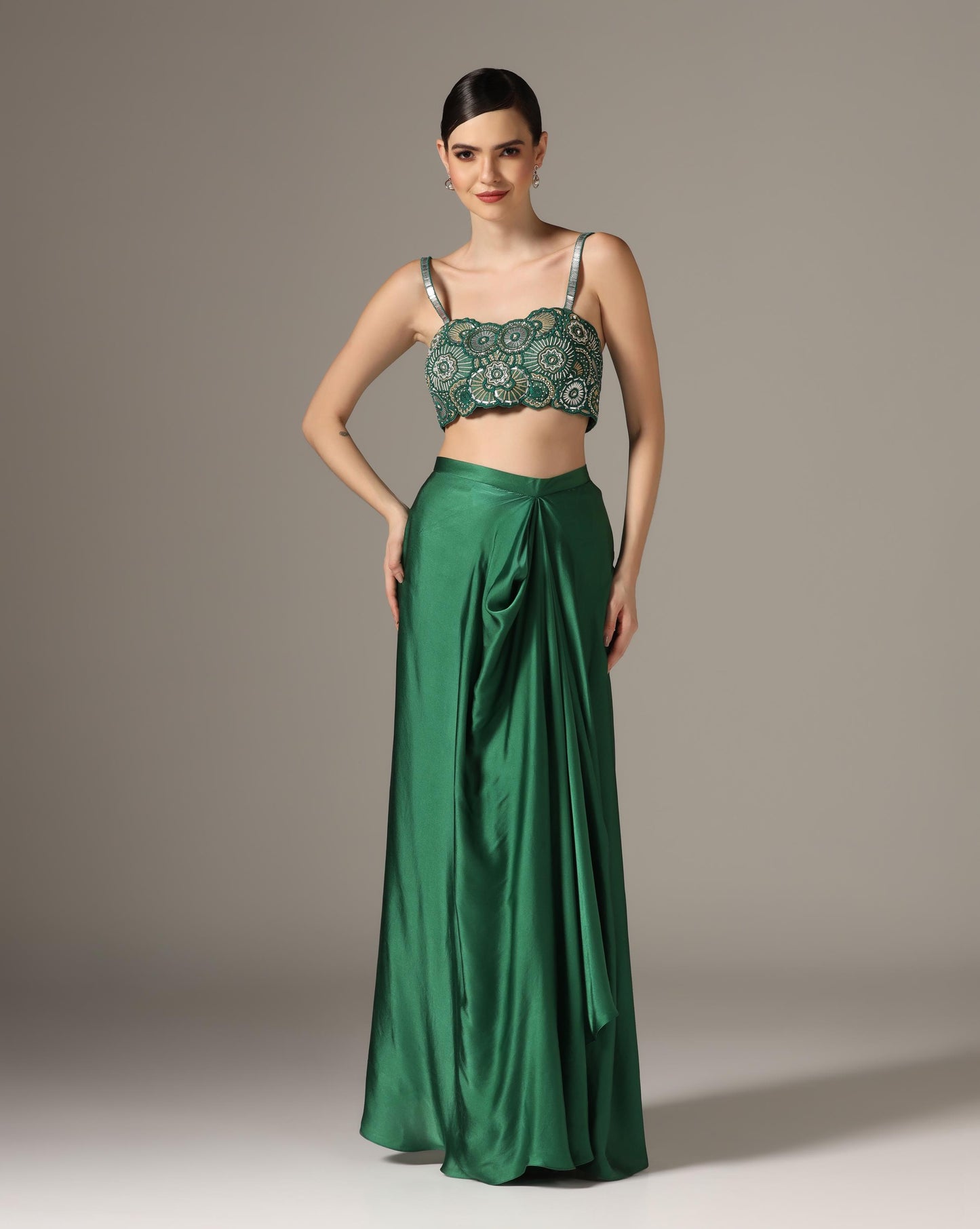 Green Chamoise Satin & Raw Silk Draped Skirt Set