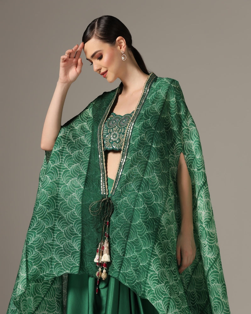 Green Chamoise Satin & Raw Silk Draped Skirt Set Yashodhara