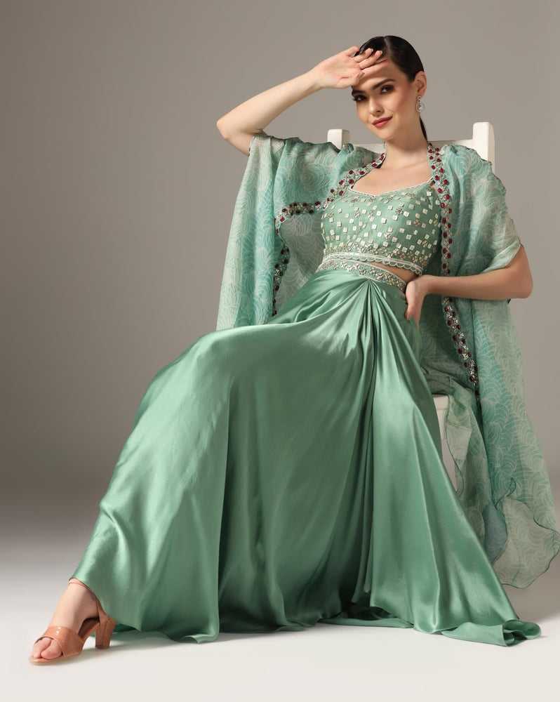 Eco Green Chamoise Satin & Raw Silk Draped Skirt Set Yashodhara