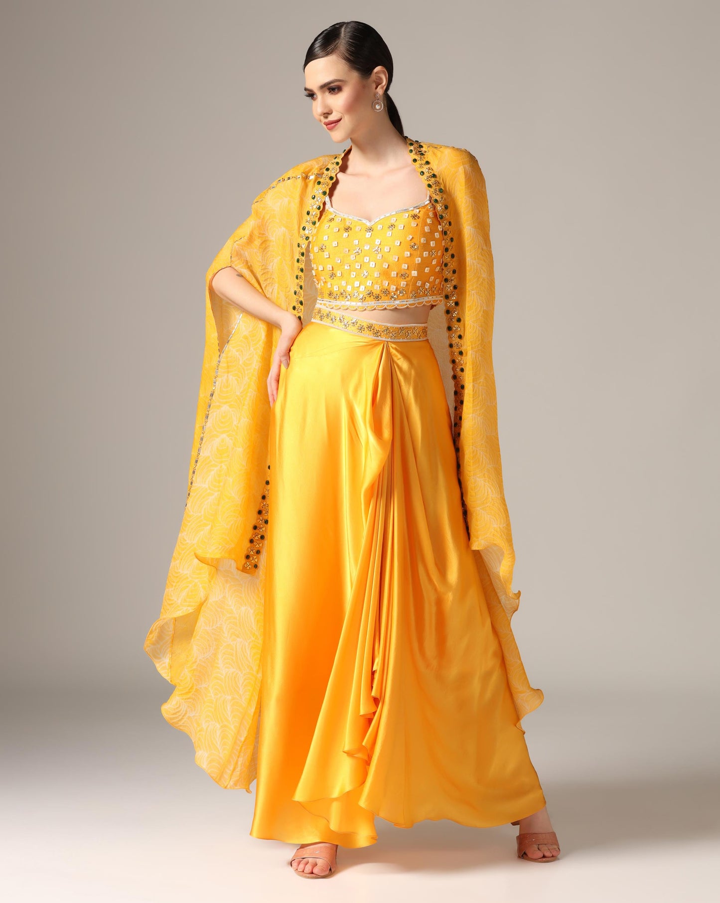 Yellow Chamoise Satin & Raw Silk Draped Skirt Set
