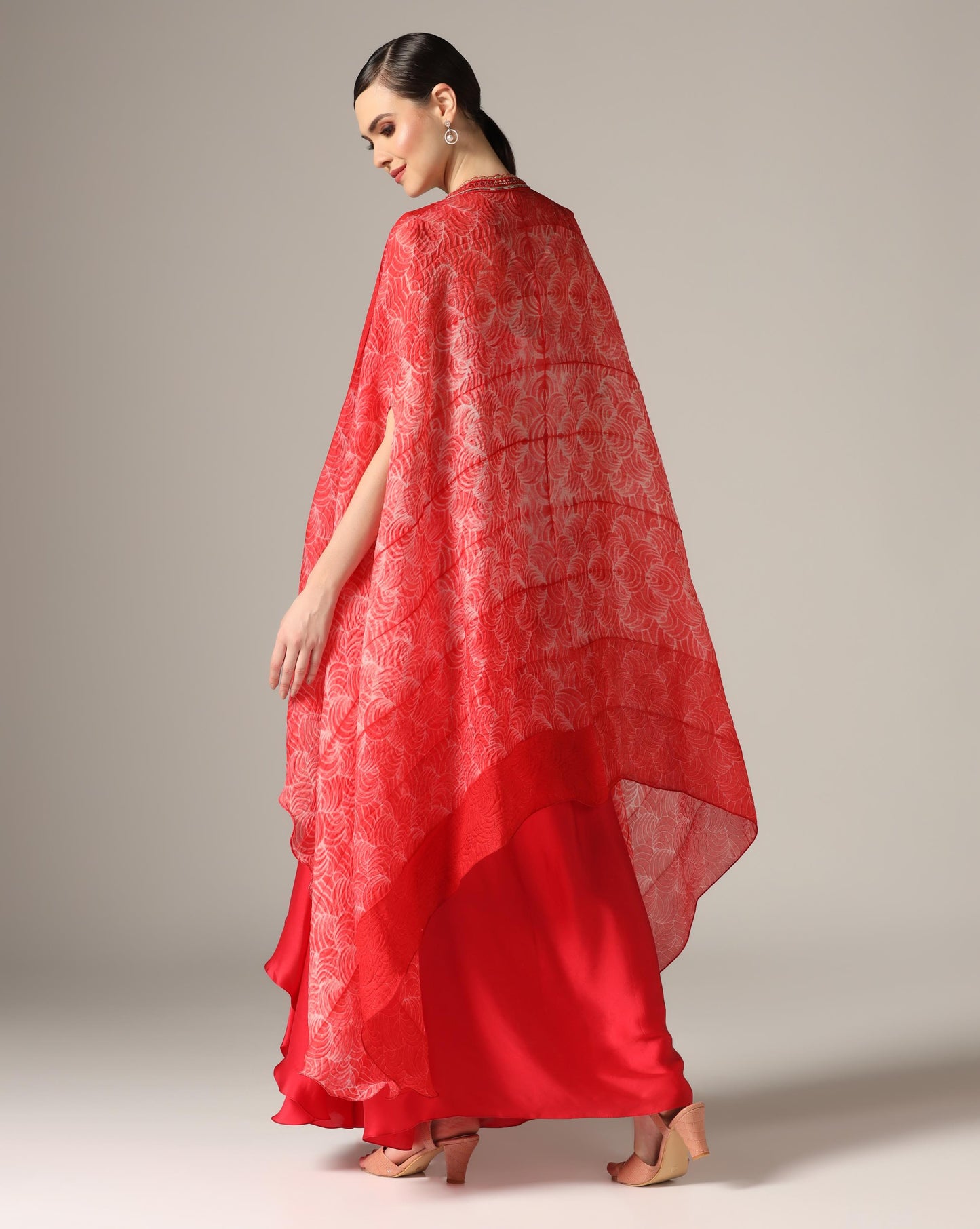 Red Raw Silk & Organza Draped Skirt Set