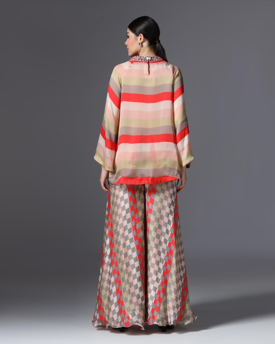 Embroidered Striped Tunic & Checkered Palazzo Set