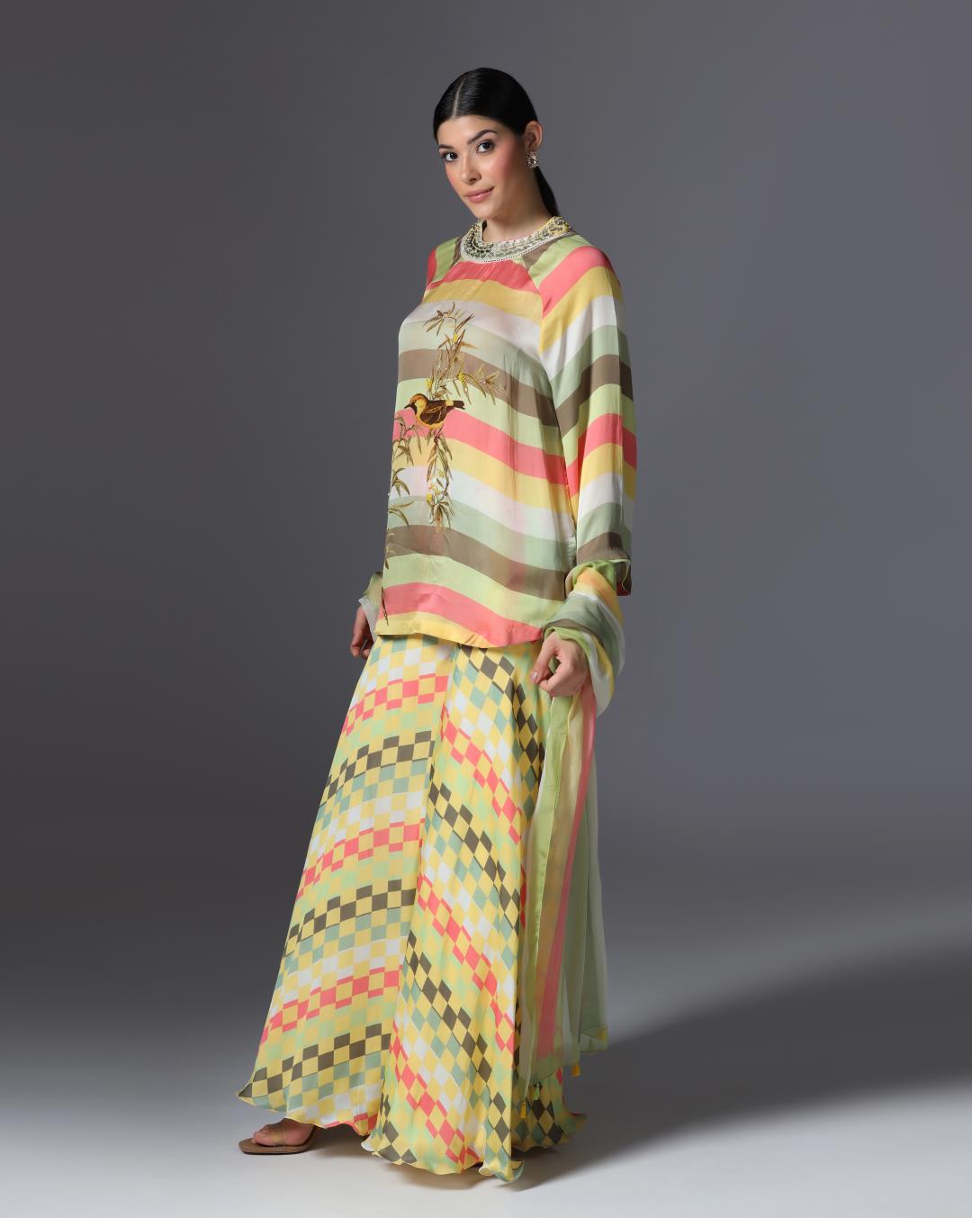 Embroidered Striped Tunic & Checkered Palazzo Set