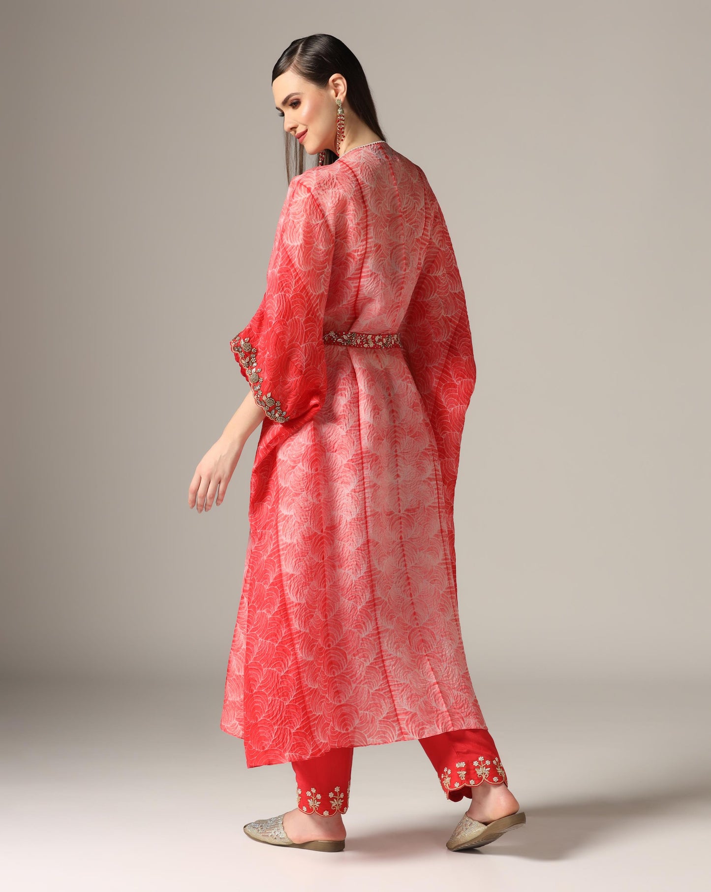 Red Organza Printed Kaftan Set