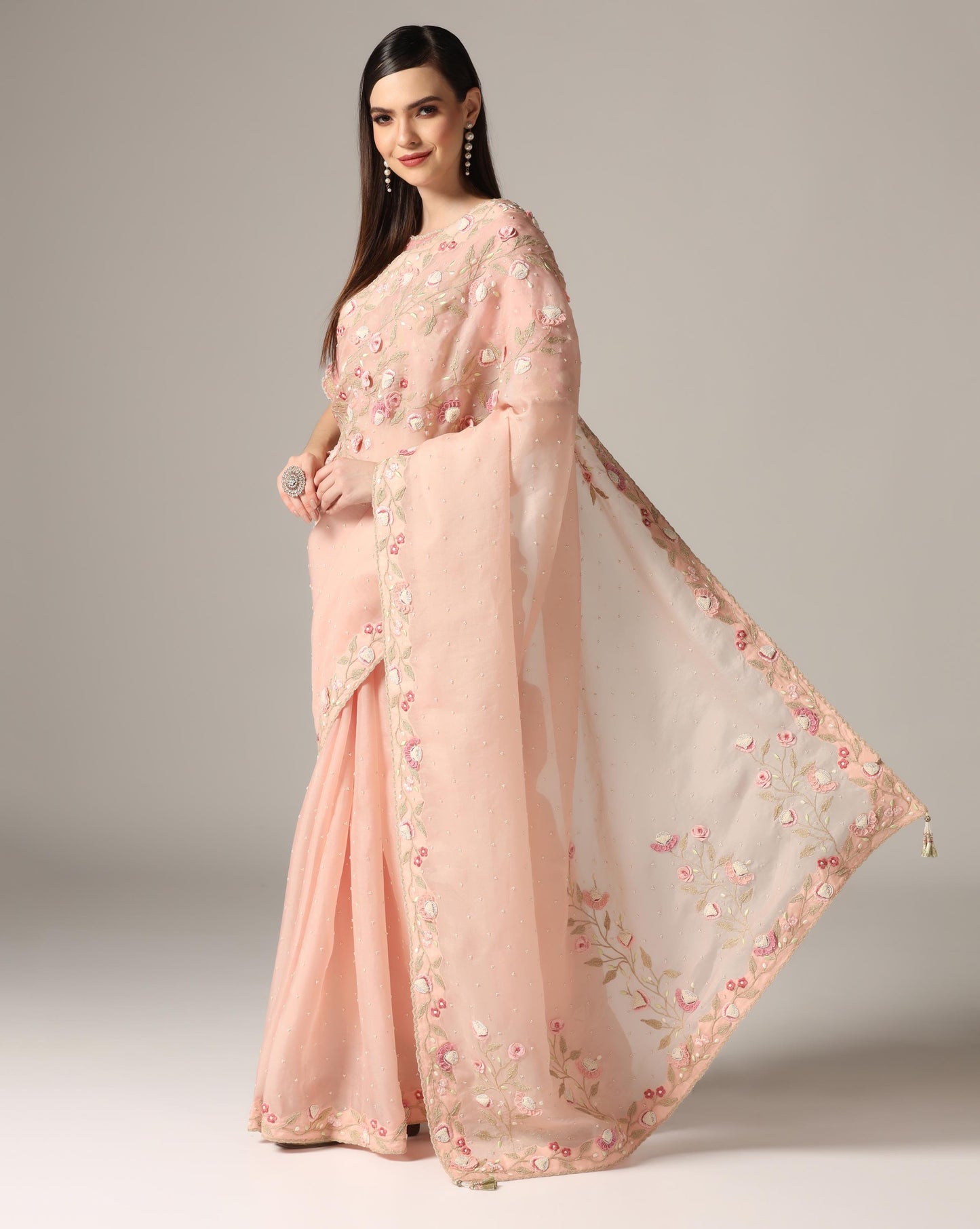 Pink Organza Embroidered Saree Set