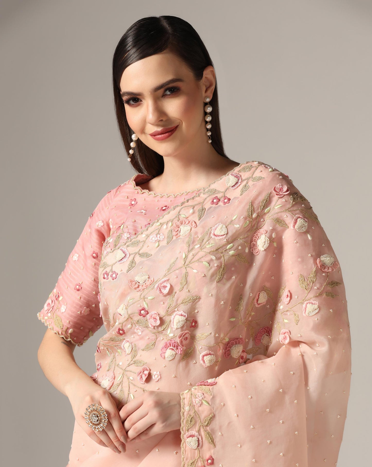 Pink Organza Embroidered Saree Set