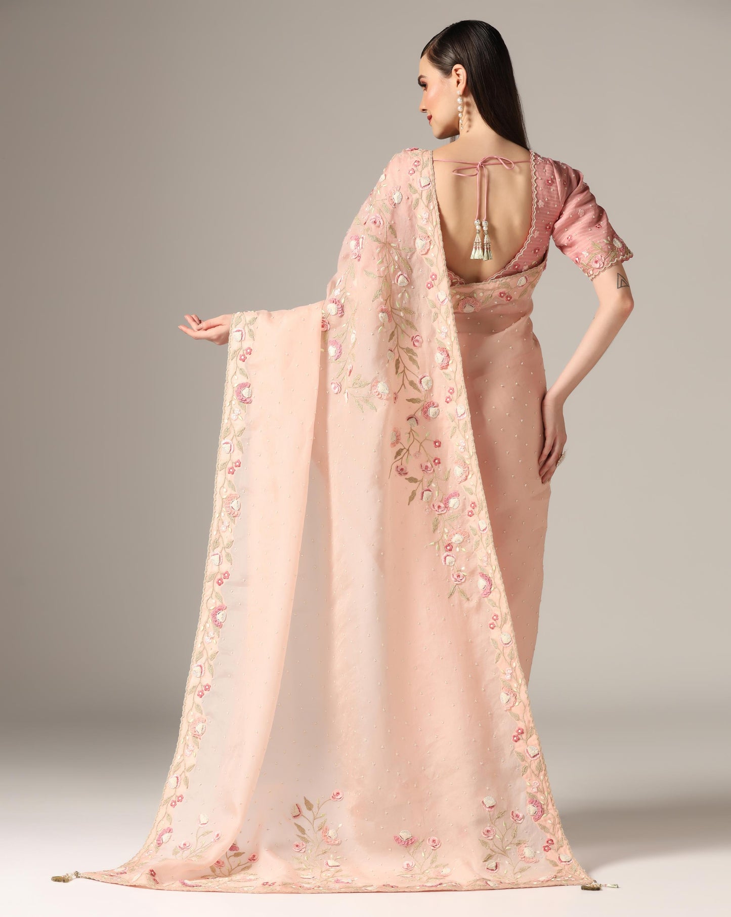 Pink Organza Embroidered Saree Set