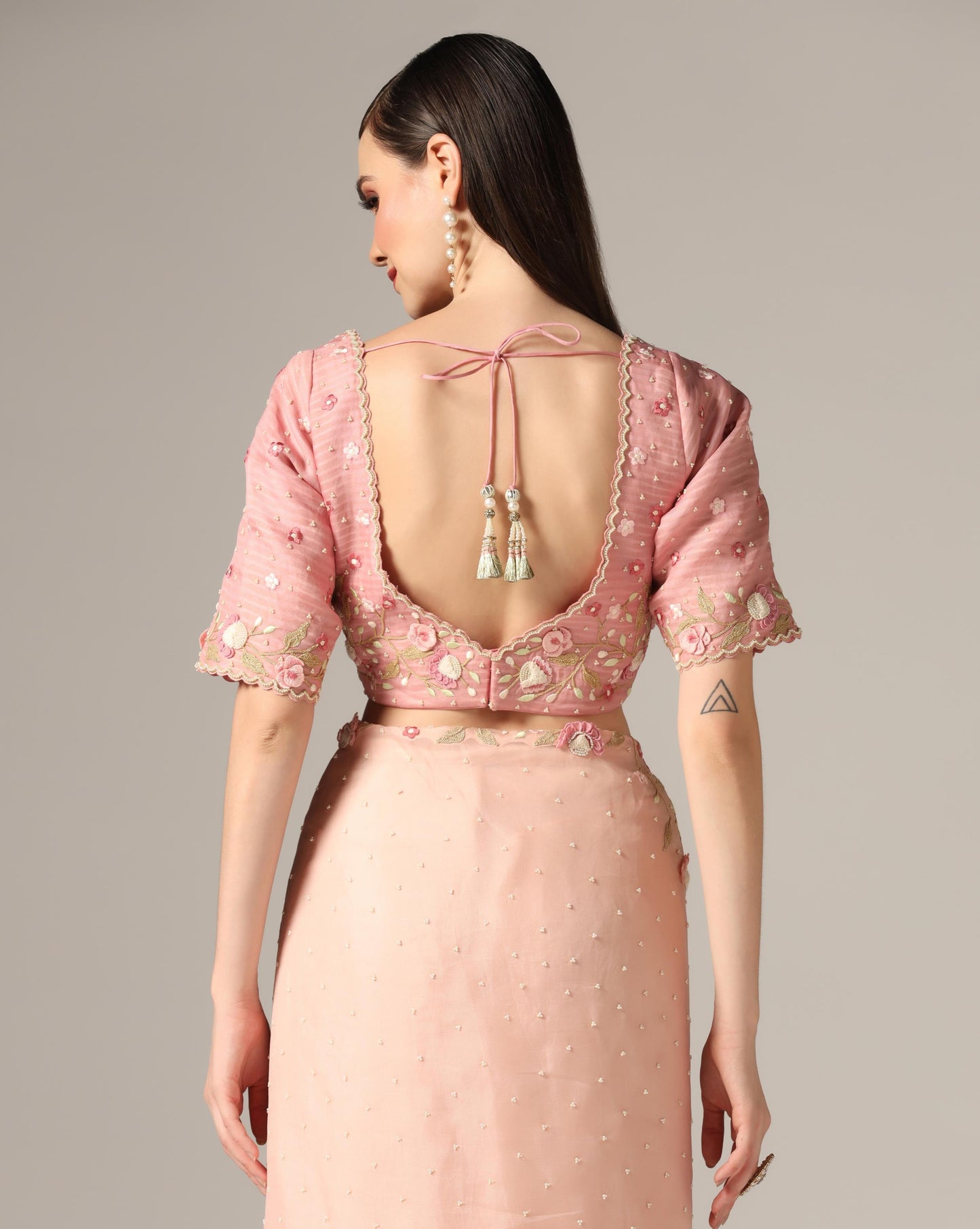 Pink Organza Embroidered Saree Set