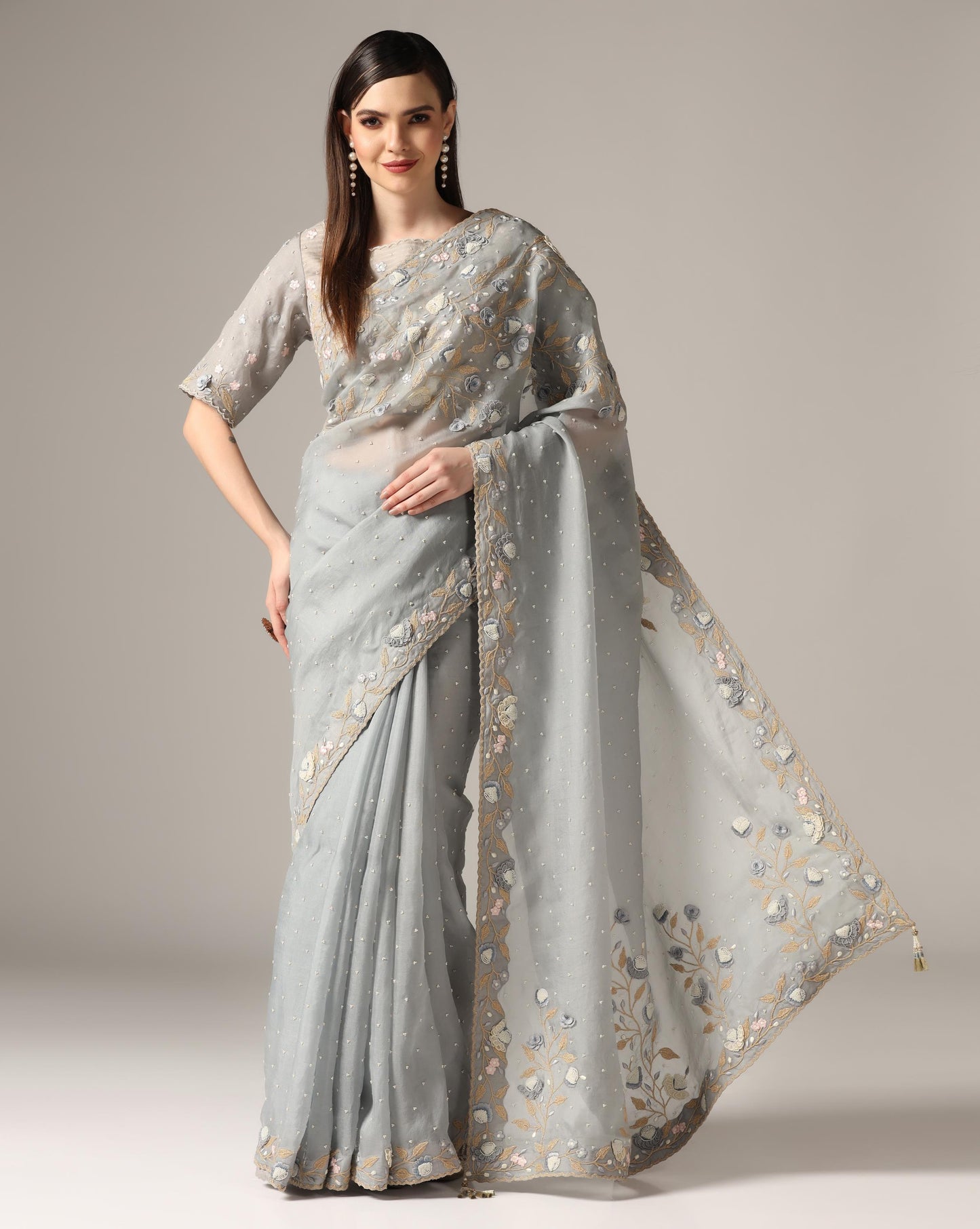 Dull Blue Organza Embroidered Saree Set